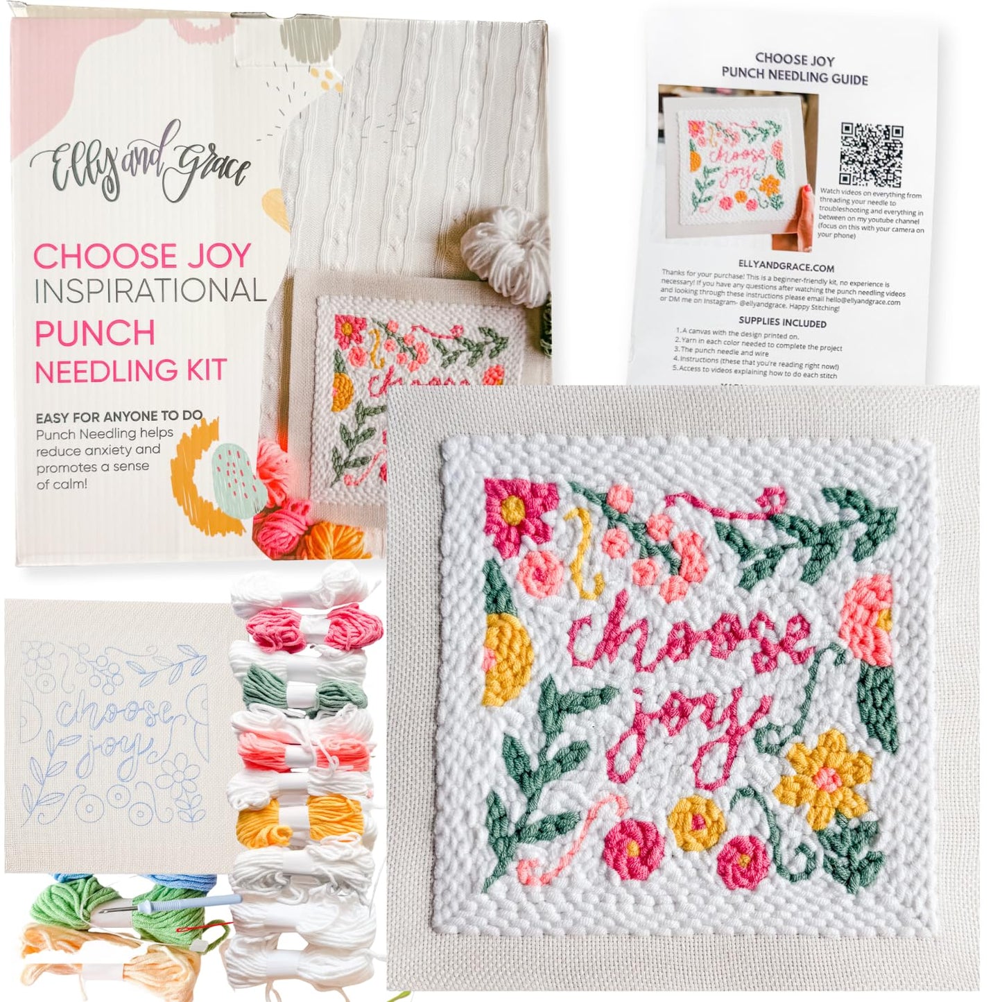 Elly and Grace Christian Punch Needle Kit for Adult Beginners, Punch Needle Embroidery Kits with Square Frame, Yarn, Wire Threader, Instructions and Needle (Choose Joy)