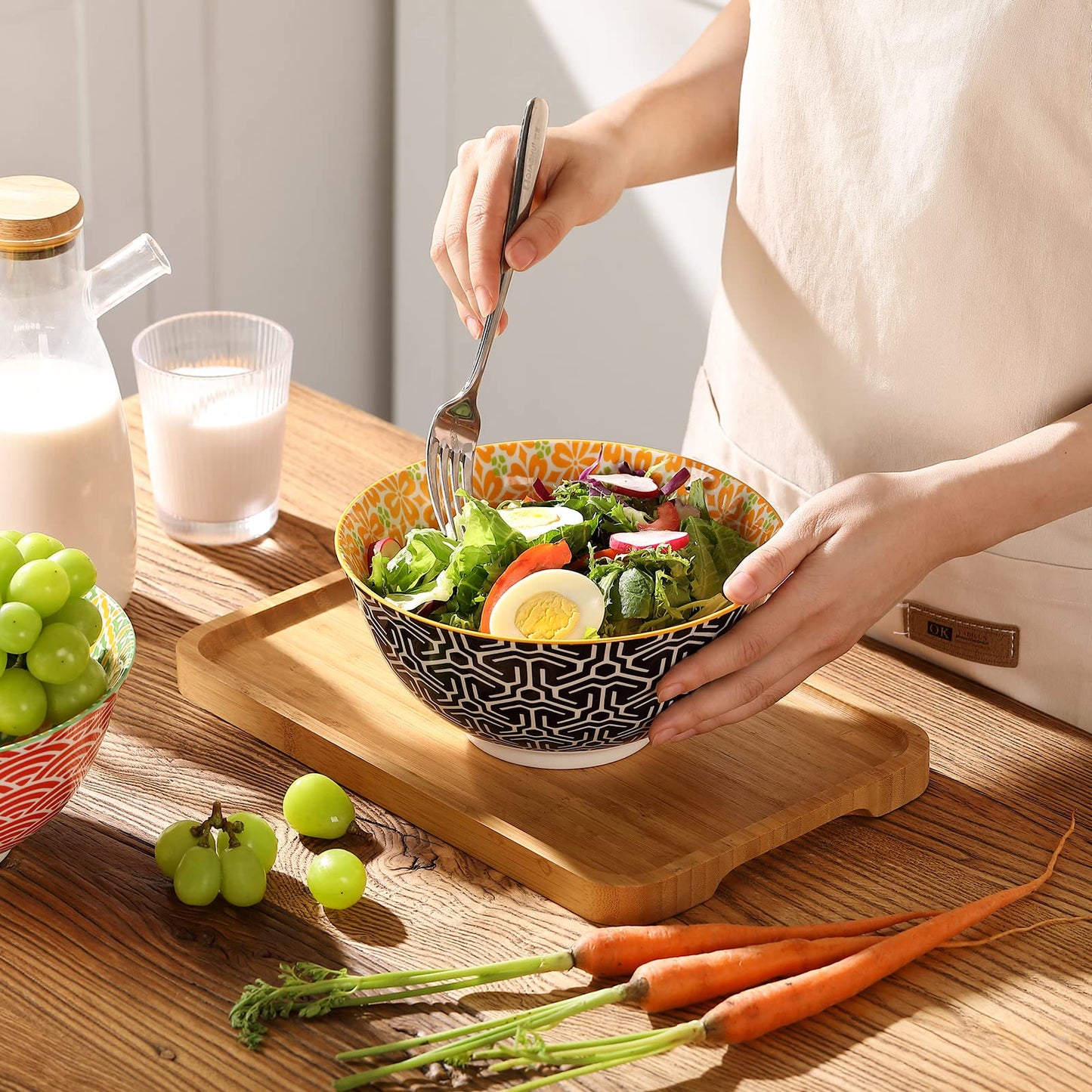 Metahom Salad Soup Bowls, Large Serving Bowls for Pho, Pasta Rarmen, 48 Oz Stackable Ceramic Bowls for Kitchen, Set of 3, Microwave & Dishwasher Safe