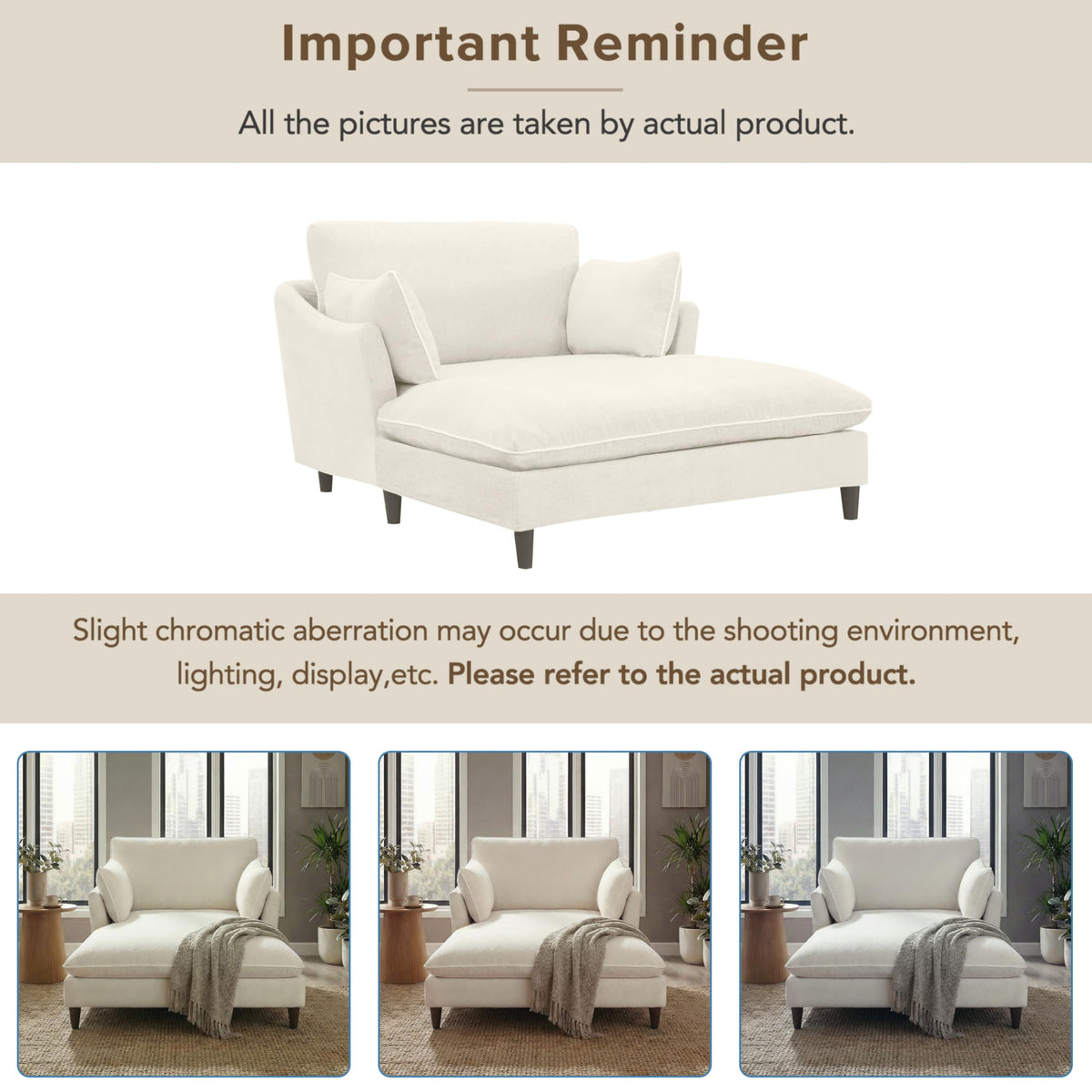Merax Boneless Chaise Lounge Chair Indoor, 51.2" Modern Oversized Chaise Lounge Reading Chairs with 2 Pillows, Comfy Chenille Sleeper Sofa Couch for Living Room Bedroom Apartment, Beige