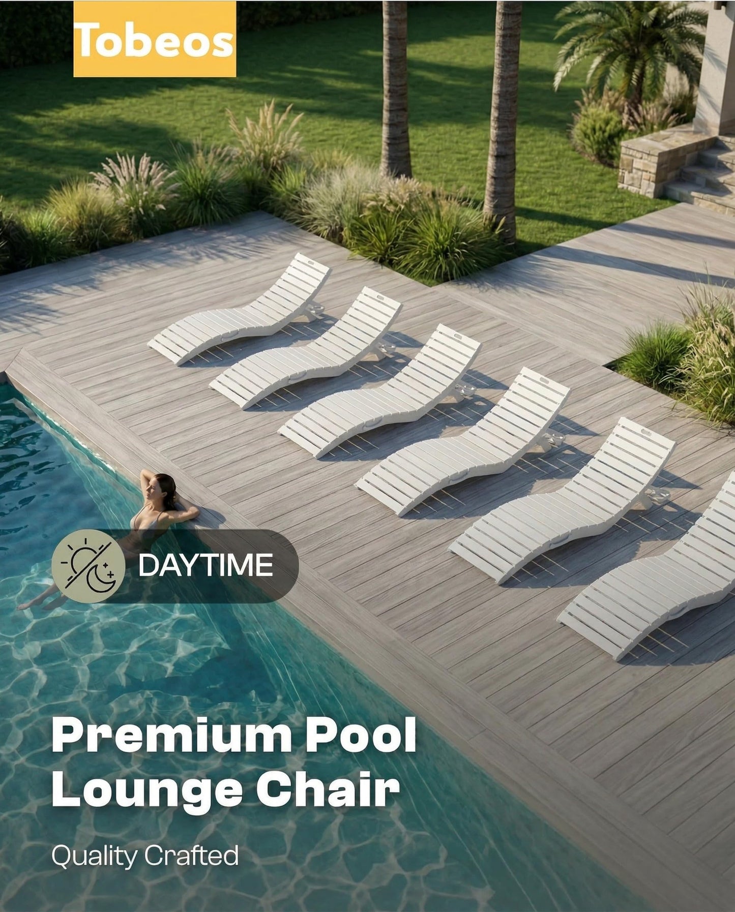 Tobeos Folding HDPE Pool Lounge Chairs Set of 2, Pre-Assembled Outdoor Chaise Lounge with Cup Holder for Poolside, Tanning Ledge, Pool Deck or Beach, Sandbag Not Included (White)