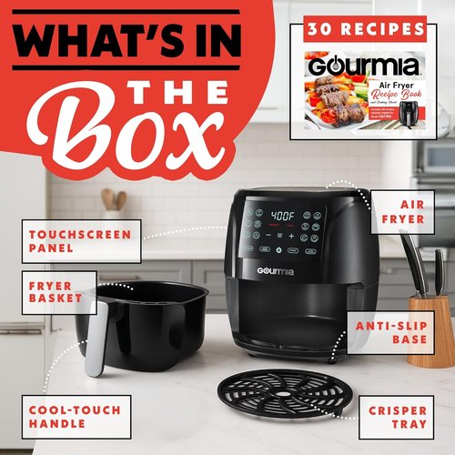 Gourmia Air Fryer - 6 Qt Large Capacity with FryForce 360º & Digital Display | 12 Cooking Presets, Black