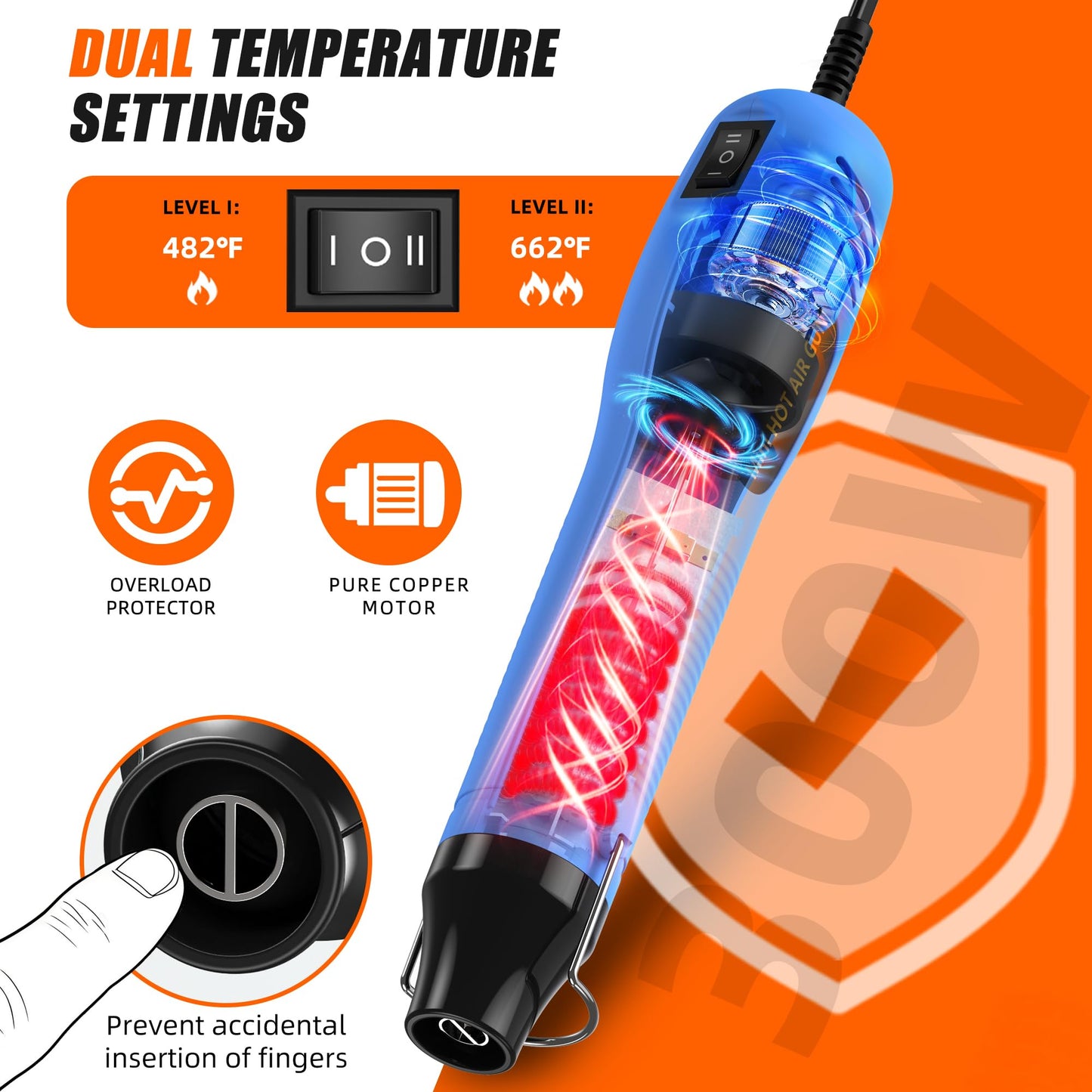 Mini Heat Gun, 2-Temp Settings 482℉ & 662℉(250℃&350℃) Fast Heat Hot Air Gun Tool and 5Ft Long Cable Overload Protection for Crafting, Vinyl Wrap and Shrink Tubing