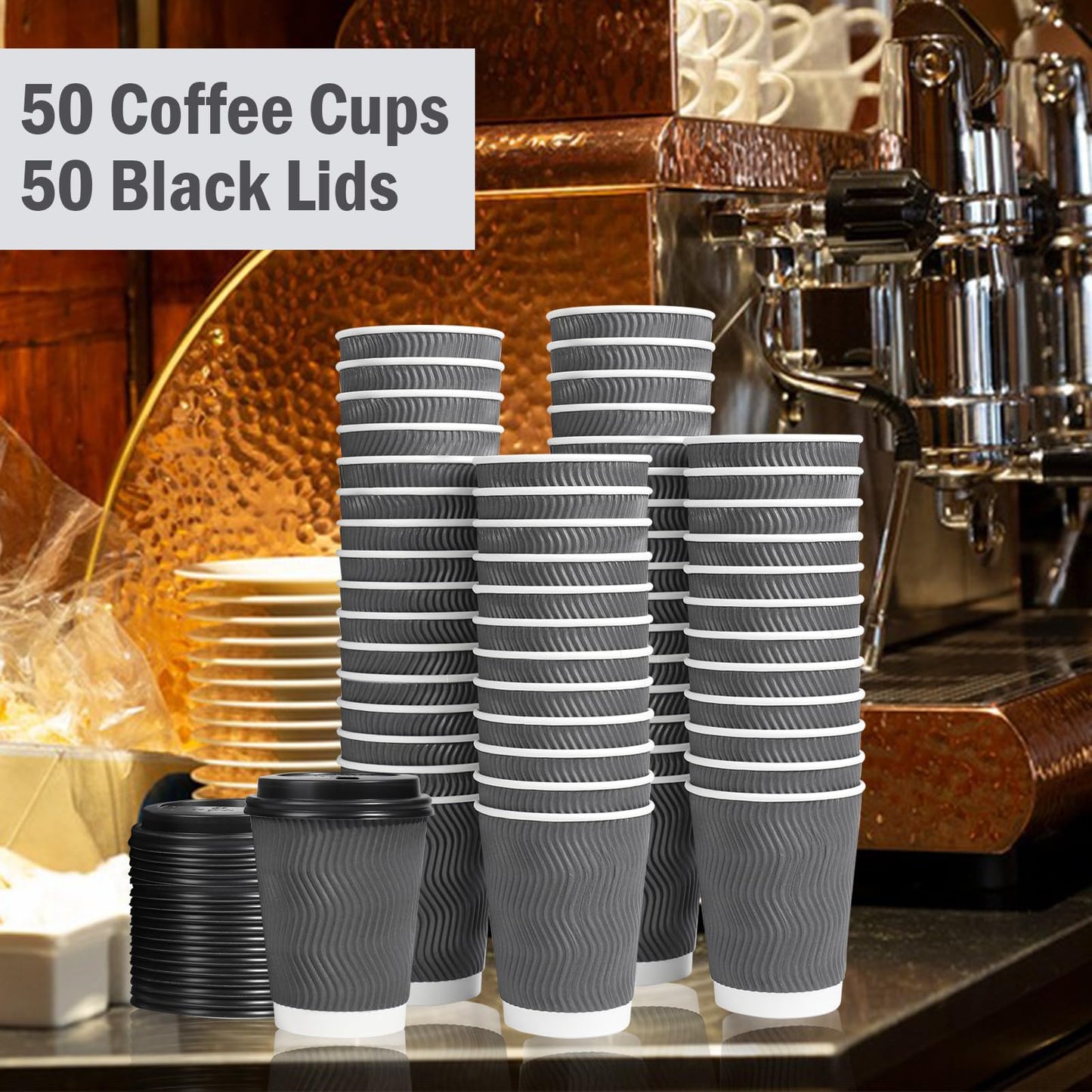 Lamosi 50 Pack 16 oz Insulated Disposable Coffee Cups with Lids, To Go Paper Coffee Cups with Lids, Corrugated Ripple Wall Cup for Hot Drink, Office, Coffee Bar