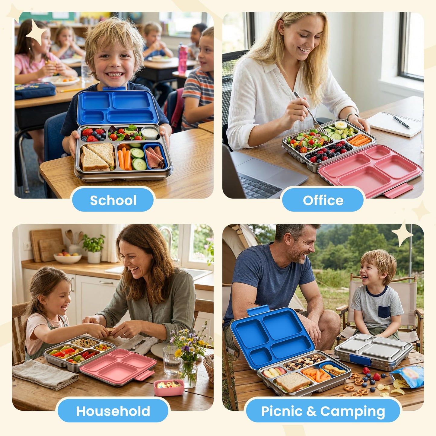 FAJSL Stainless Steel Bento Box, 4-Compartment Metal Lunch Box with Removable Silicone, Lunch Container for Kids & Adults with Silicone Inner Container, School, Office, Dishwasher Safe(Blue)