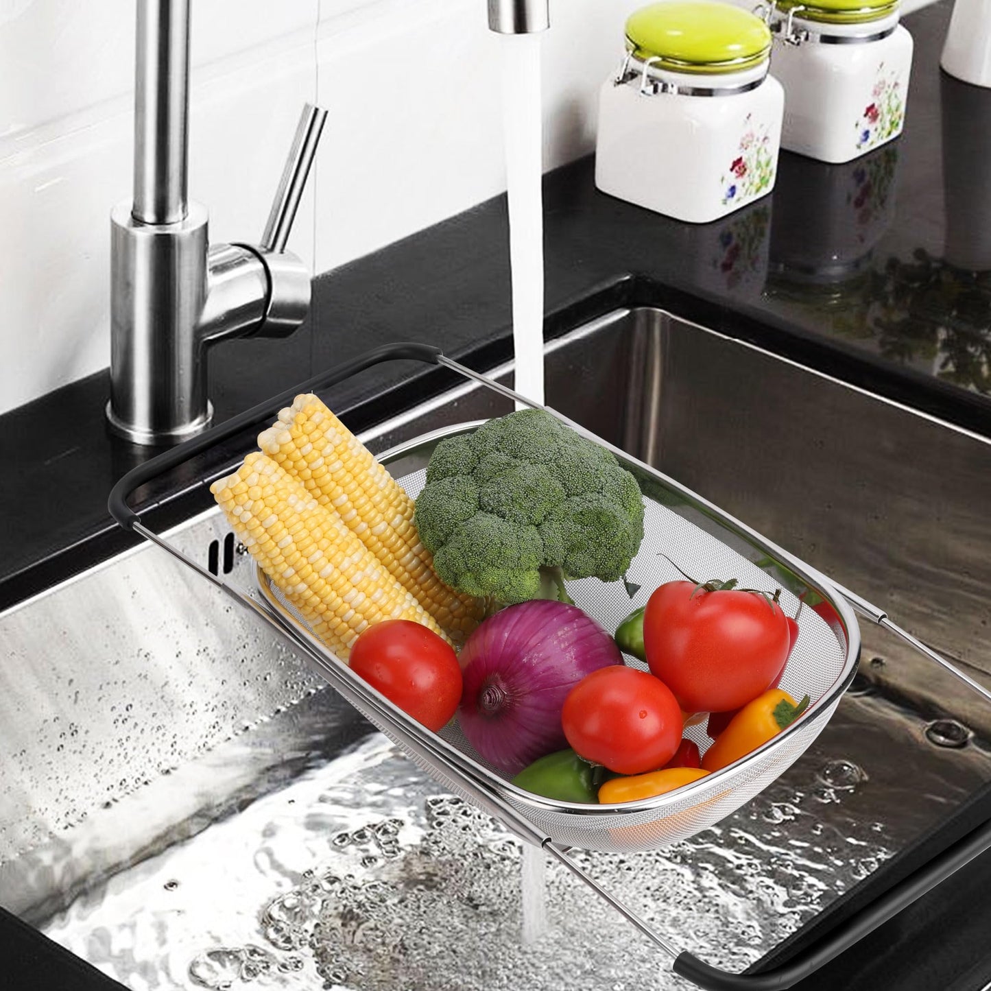 ZDRongZhen Kitchen Accessories Over the Sink Colander Strainer Basket,Stainless Steel Colander with Expandable Rubber Grip Sink Drainer-Rinse Vegetables Fruits &Strain&Drain (Large-Dense round hole)
