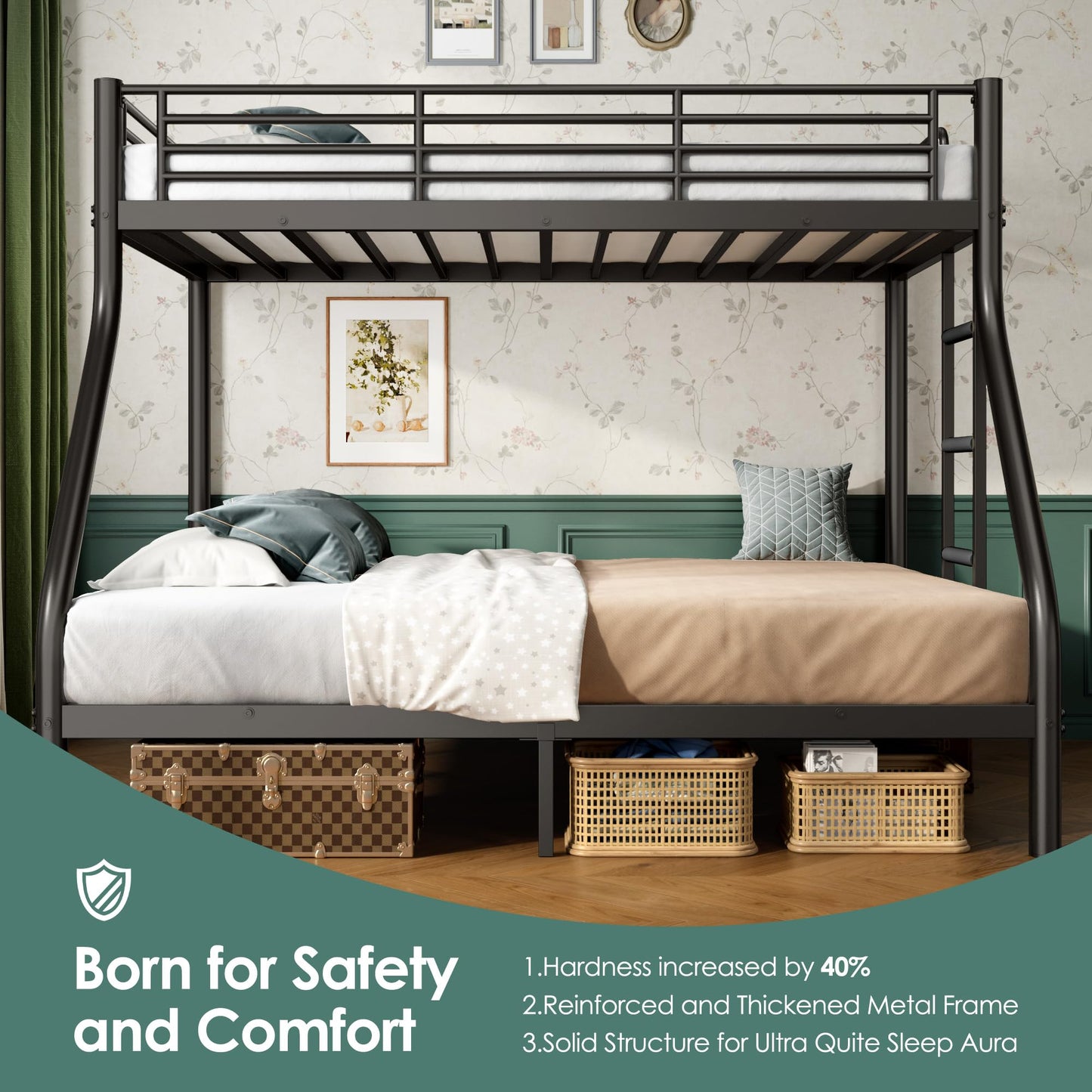 Cyranture Twin XL Over Queen Bunk Bed Size, Heavy Duty Bunk Beds with Bottom Space & Guardrail Metal Bunk Bed Frame for Adults Dorm Bedroom Guest Room, No Box Spring Needed(Upgrate Black)