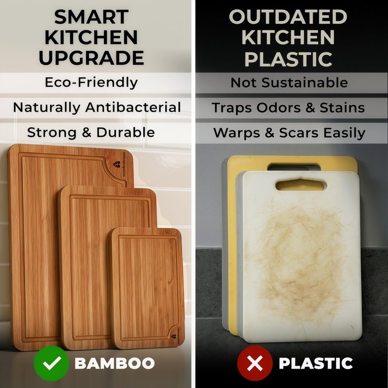 Wood Cutting Board Set of 3 with Holder - Sturdy & Easy to Clean Bamboo Wooden Cutting Boards for Kitchen - 3 Sizes of Chopping Board with Juice Grooves for Meal Prep, Everyday Use, Housewarming Gift