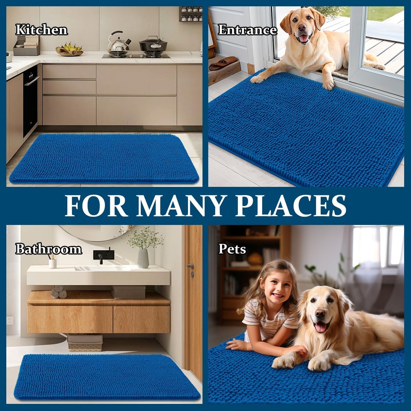 OLANLY Dog Door Mat - Absorbent Non-Slip Washable Doormat for Muddy Paws | 30x17 Deep Navy Blue