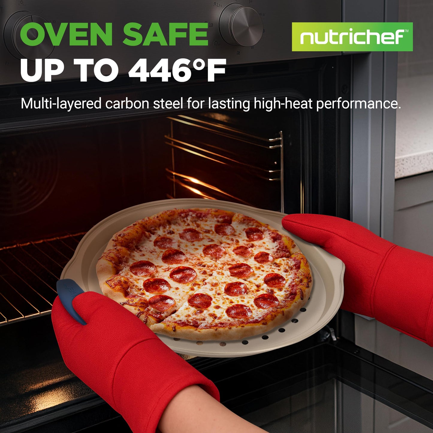 NutriChef 3-Piece Pizza Tray Set with Silicone Handles - Round Nonstick Pizza Pan with Perforated Holes, Durable Carbon Steel, Small, Medium, Large Sizes - Ideal for Crispy, Evenly Baked Pizzas (Gold)