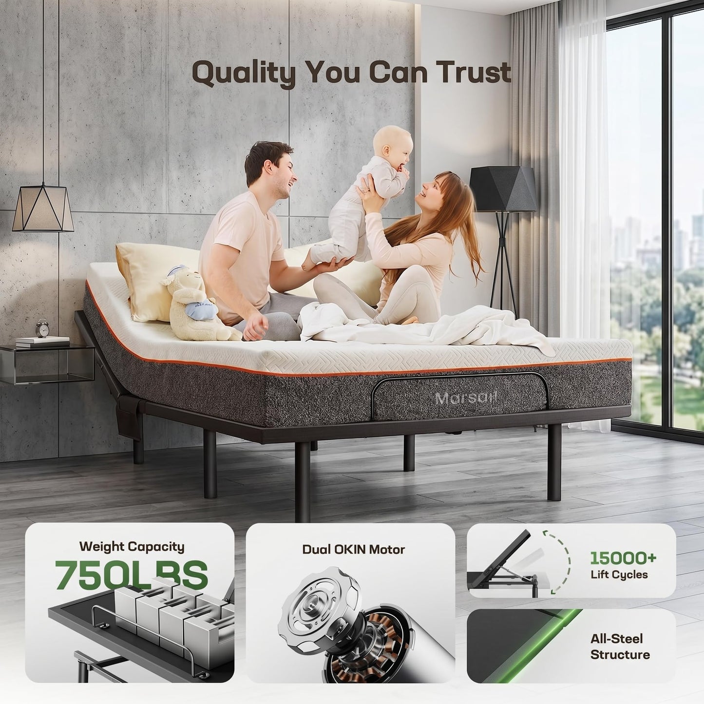 Marsail MS01-2 Twin XL Adjustable Bed Base – Massage, App Control & Under-Bed Nightlight, 4-Height Adjustable Frame, 3-Minute Tool-Free Assembly, Wireless Control