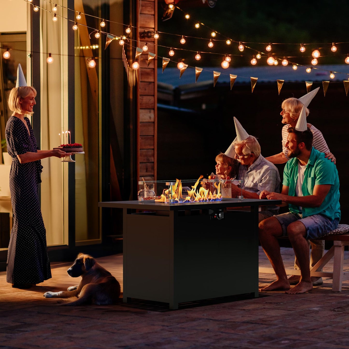 FansaFurn 43” Outdoor Propane Fire Table Set with Heavy-Duty Glass Stones, Glass Wind Guard, Lid & Water-Resistant Cover, 50,000 BTU Metal Fire Pit Table, Rectangle Fire Pit Table for Deck, Patio