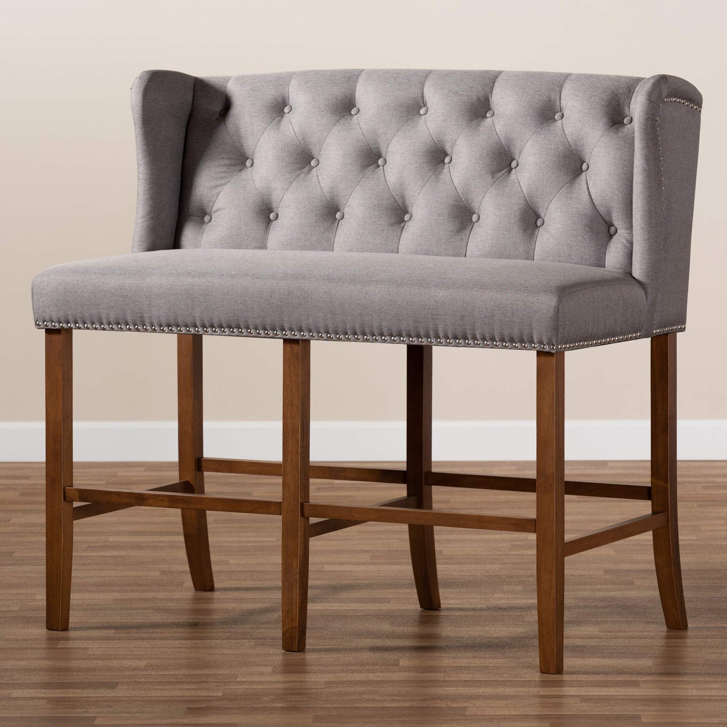 Baxton Studio Alira Modern and Contemporary Grey Fabric Upholstered Walnut Finished Wood Button Tufted Bar Stool Bench