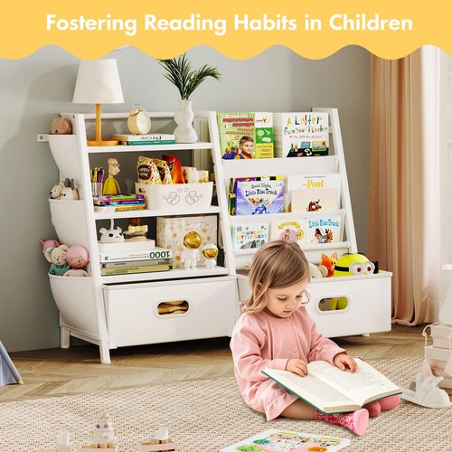 Homeiju Kids Bookshelf and Toy Storage Organizer, 3 Tier Kids Bookcase, Sling Bookshelf and 2 Toy Bins with Toy Storage Organizer for Children Room, Playroom, Nursery, White