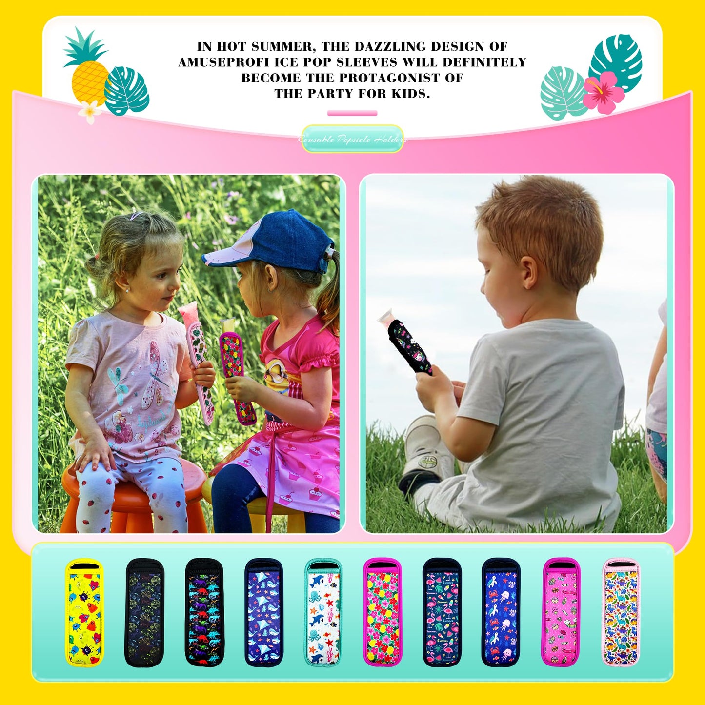 AMUSEPROFI 10 Pack Reusable Popsicle Holders Ice Pop Sleeves Anti freezing Ice Pop Holders Ice Freezer Protective Cover Washable Ice Pop Neoprene Insulator Sleeve