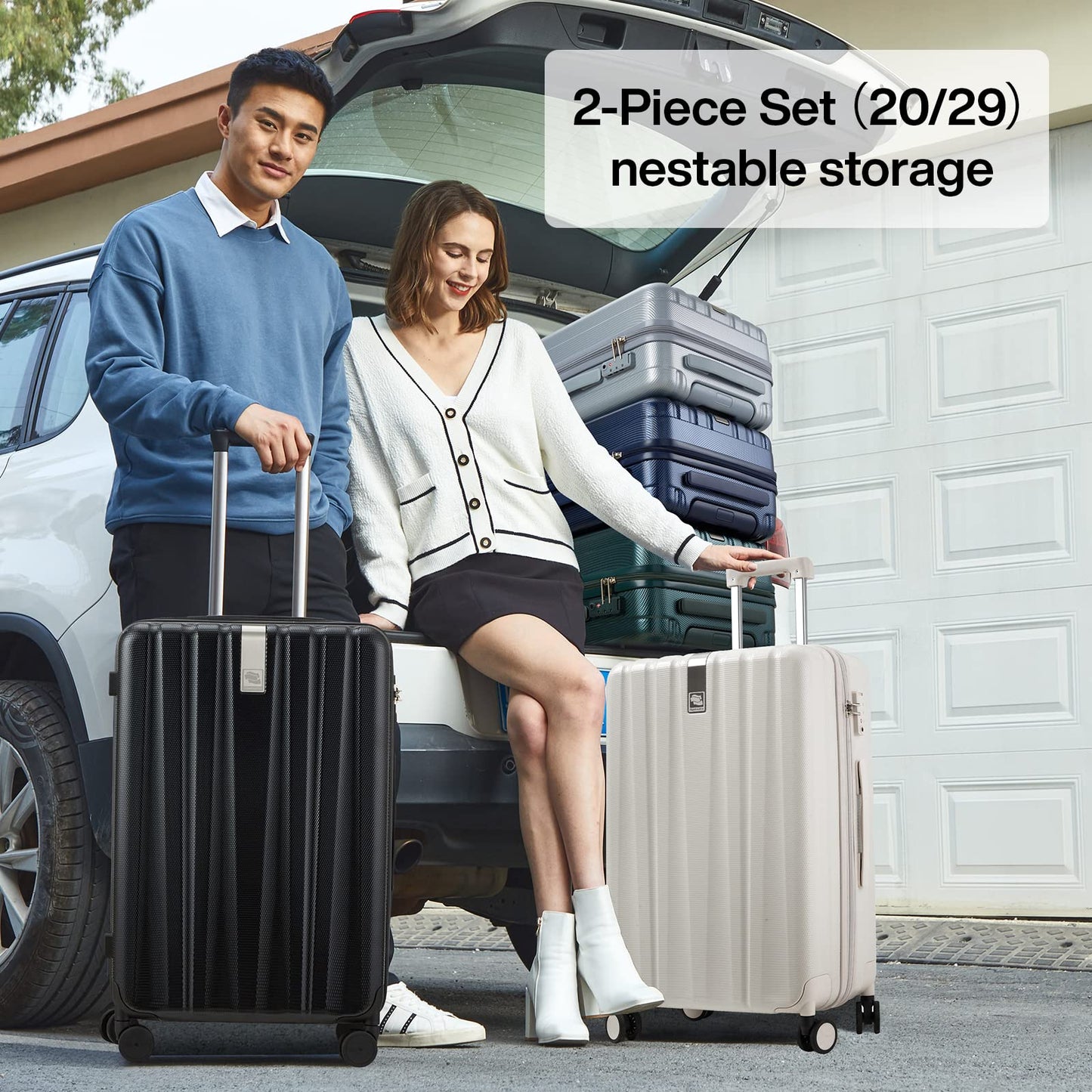 Hanke 29 Inch Luggage Suitcases with Spinner Wheels Lightweight PC Hardside Rolling Suitcase with Travel Lock, Checked-Large (Ivory White)