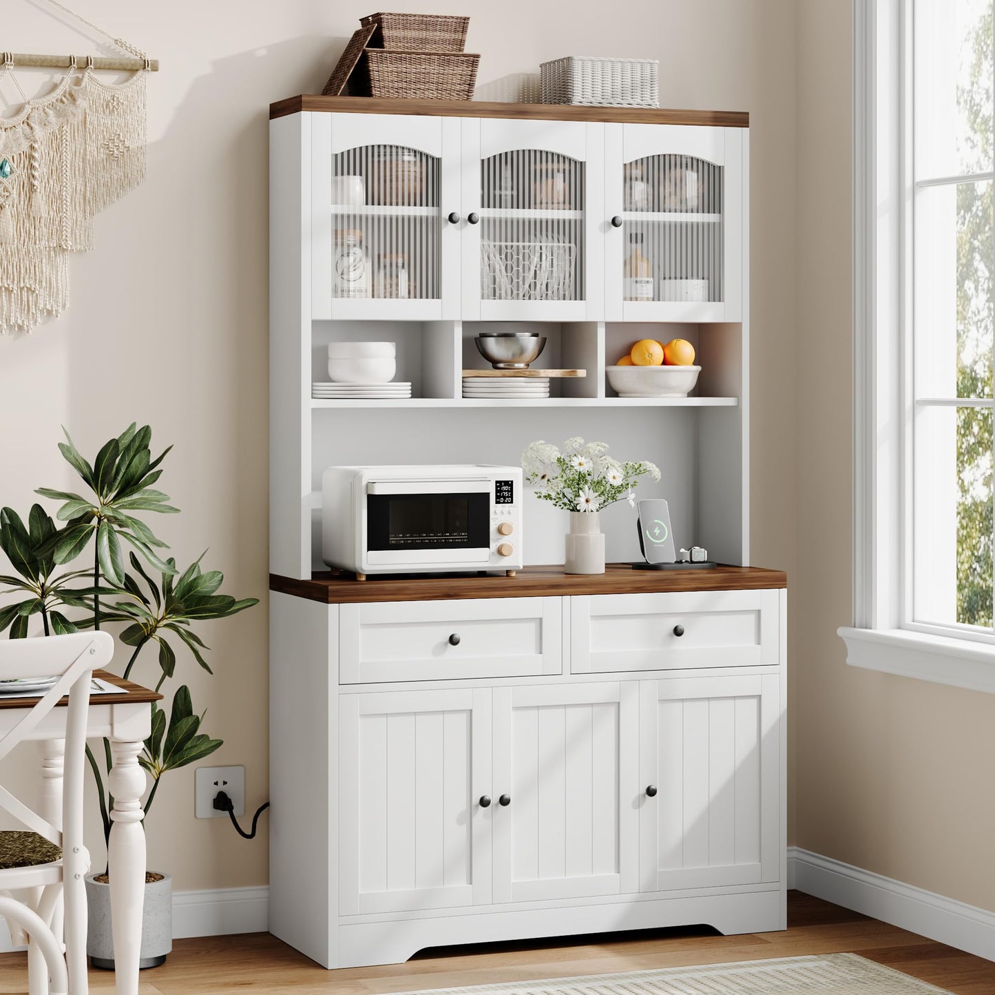 Garvee 71" Pantry Cabinet with Charging Station, Tall Kitchen Pantry Storage Cabinet with Microwave Stand, Farmhouse Kitchen Hutch with Storage Drawers for Living Room, Dining Room, White