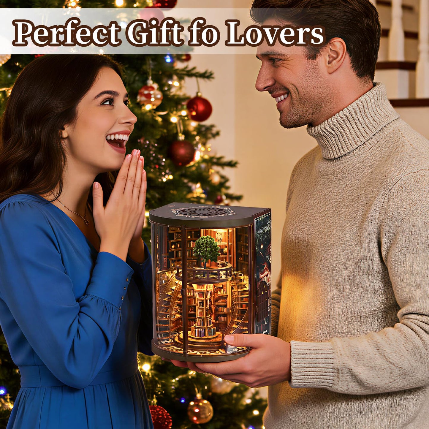 Book Nook Kit for Adult-3D Wooden Puzzles Miniature Library Bookshelf Insert Bookend Decor,Adult Miniature Model with LED Light and Dust Cover, Touch Switch, Adult Craft Kits Gift