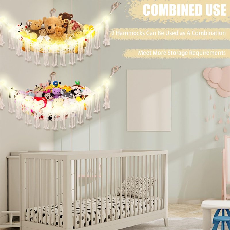 CERETIA Stuffed Animal Hammock with LED Light, Large Stuffed Animals Storage Corner Plushie Net for Kids Room Decor, White