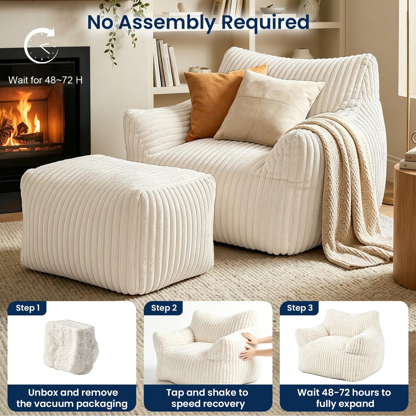 Giant Bean Bag Chair with Footstool for Adults, Fluffy Boneless Lounge Sofa Chair, Superior Large Reading Floor Sofa Bed, Oversized Accent Comfy Couch for Living Room, Bedroom (Beige, with Ottoman)