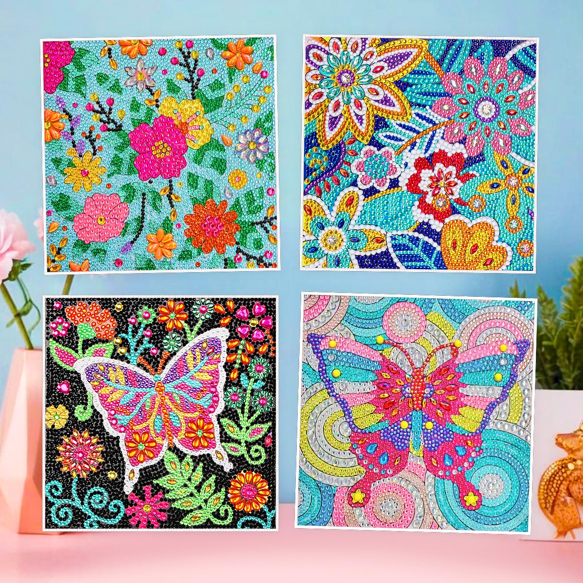 ZUYUSUT 4 Pack Cute Butterfly Flower Diamond Art Painting Kits for Kids Girls Ages 3-12 Art Crafts 5D Mosaic Gems Paint Sets by Number Kits for Kids Girls for Home Office Wall Decor