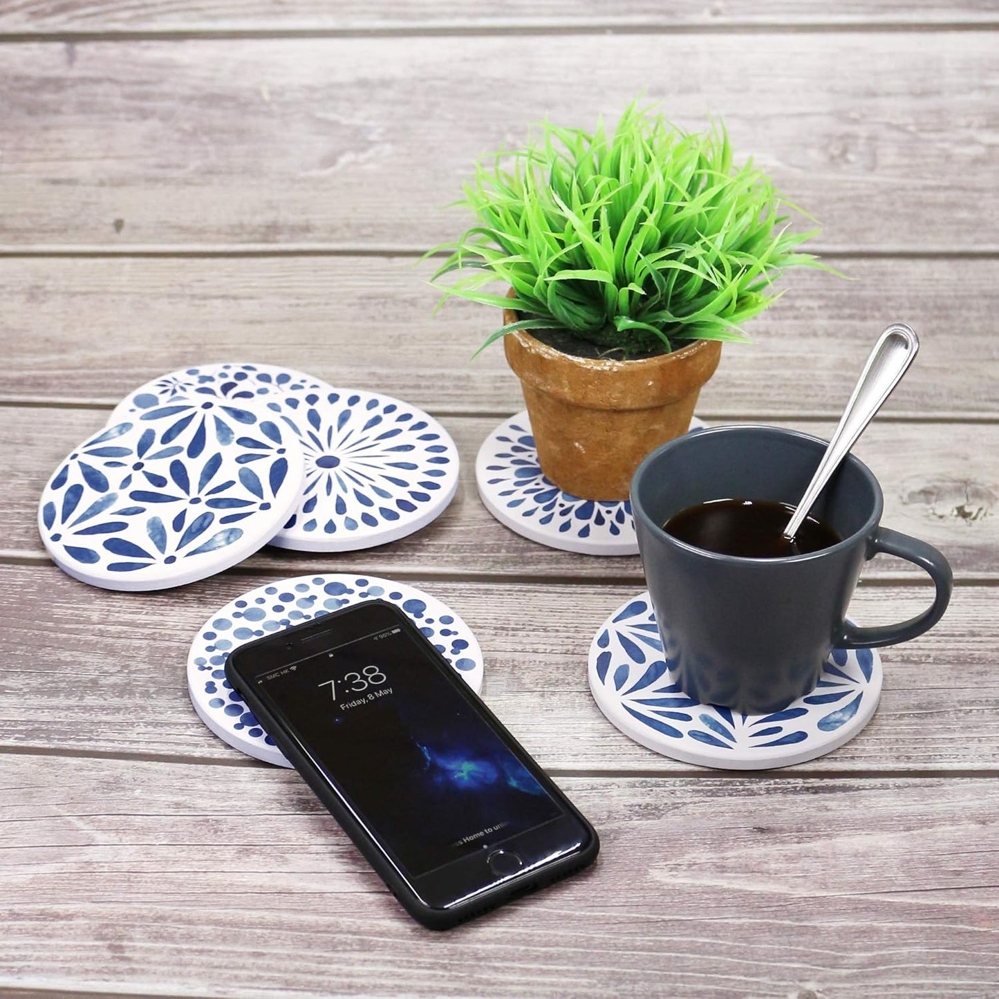 AD Set of 6 Absorbing Round Ceramic Coasters with Cork Base, Tabletop Protection Mat for Mugs & Cups (Indigo Blue)