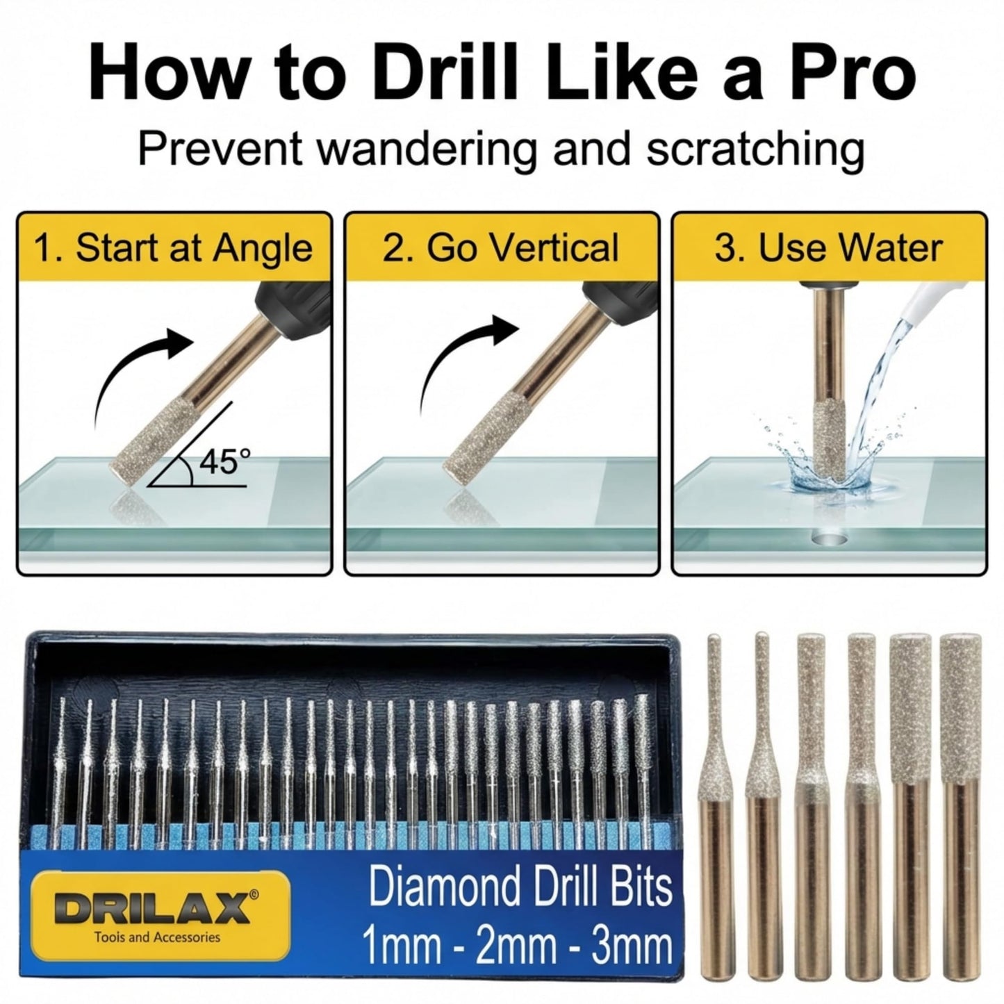 Drilax Diamond Drill Bits for Stone and Glass – 30 Pc Set (1mm, 2mm, 3mm) 1/8 Shank for Dremel & Rotary Tools – Jewelry Making, Gemstone, Sea Glass and Lapidary Drill Bits Kit