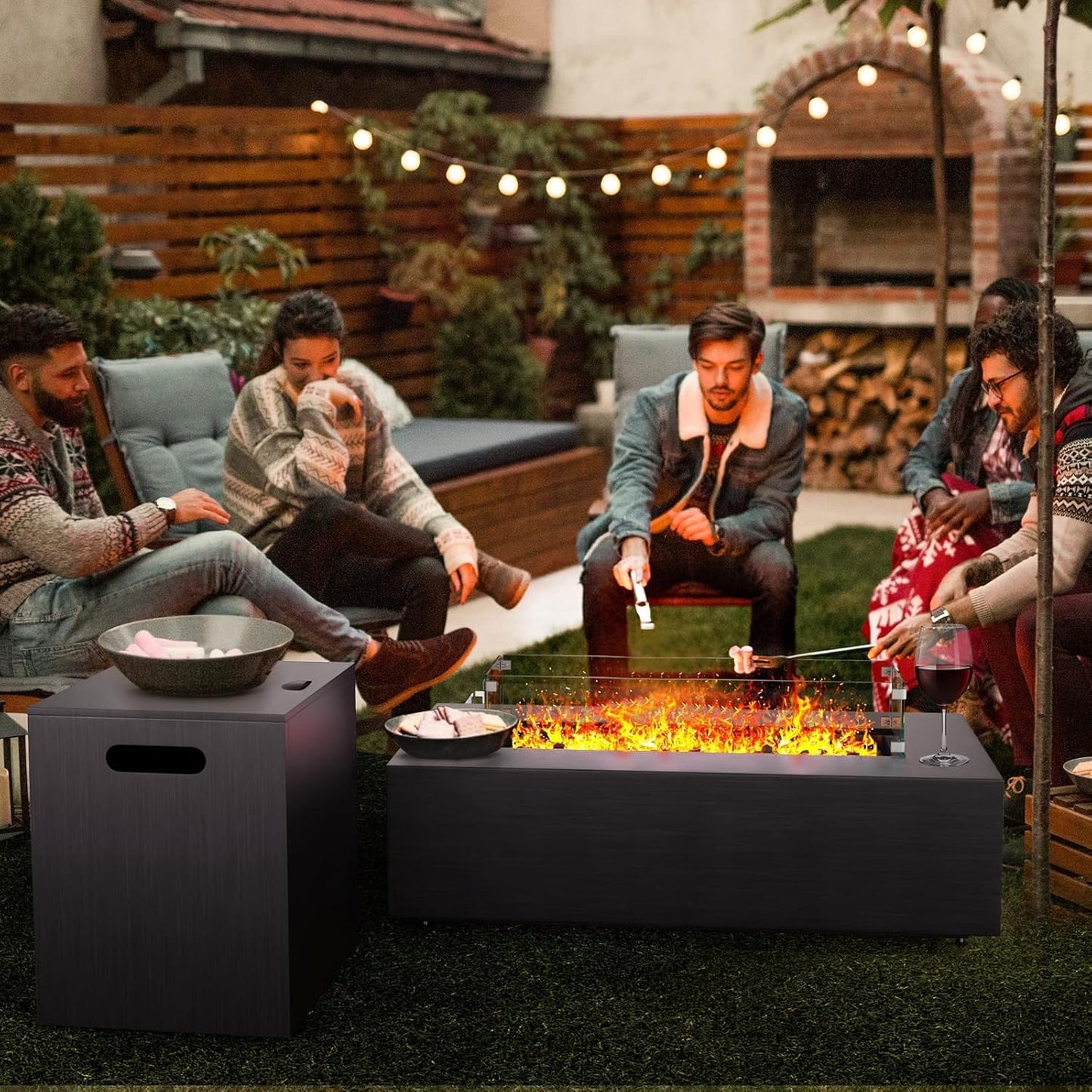 Jocoevol 42in Fire Pit Table Propane Fire Pit 2 Piece Rectangular Gas Fire Pits 50,000 BTU with Wind Guard Propane Tank Cover Table Lava Rocks for Outdoor Outside Patio