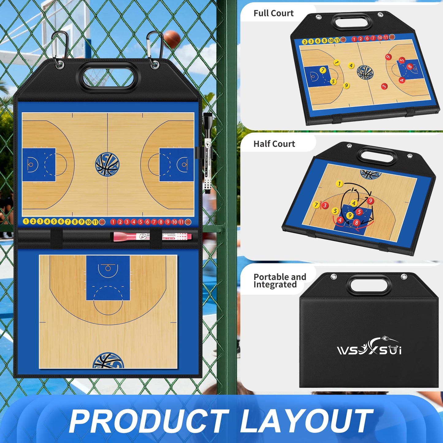 Wsixsui Magnetic Basketball Coaching Board | Foldable Leather Basketball Clipboard Kit for Coaches | Professional Basketball Tactic Board | Dry Erase Strategy Whiteboard | Carry Handle | Lightweight