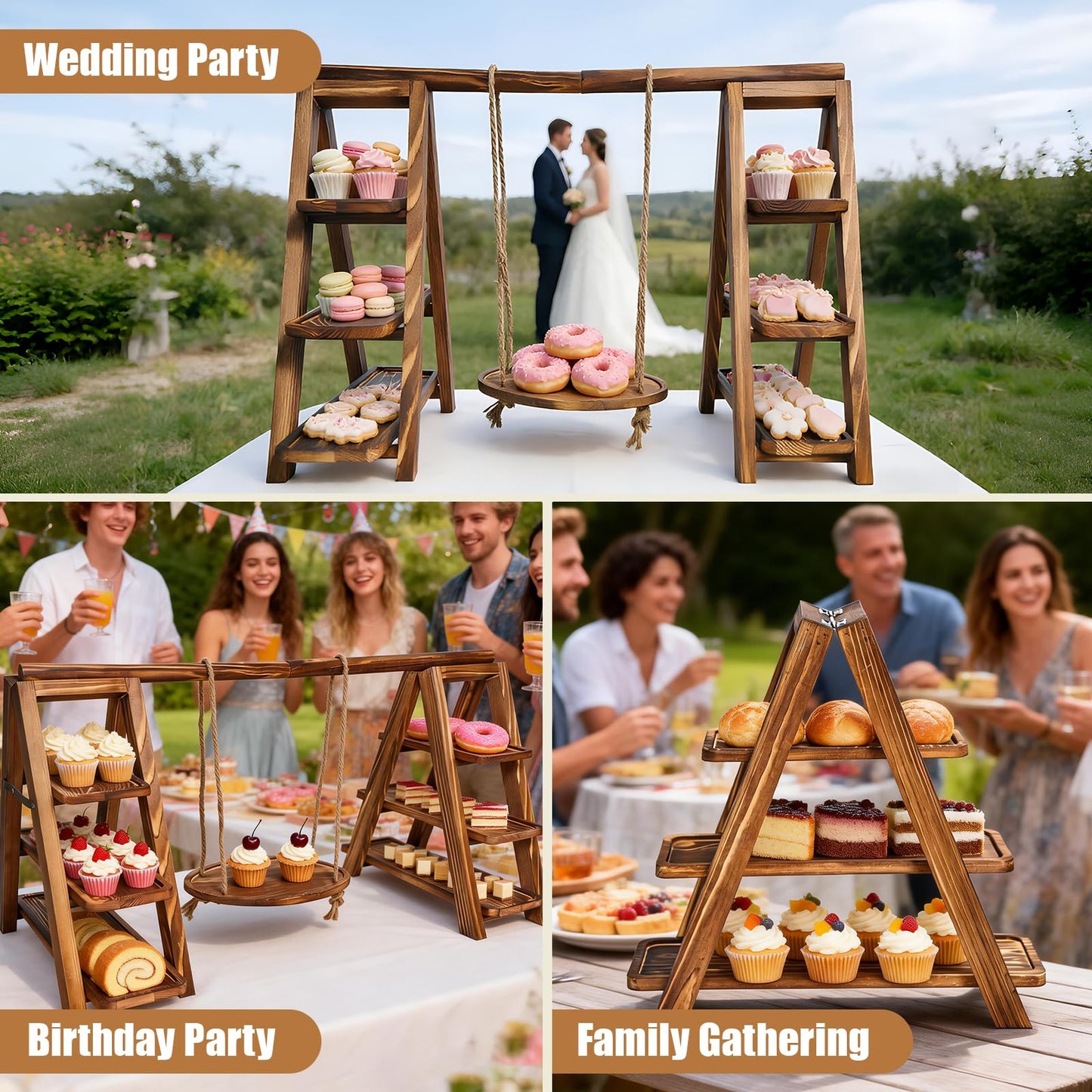 3 Tier Cupcake Stand with Swing, Wooden Cupcake Stand, Swing Cupcake Stand with Removable Serving Platter and Foldable Ladder for Birthday Anniversary Party Decoration