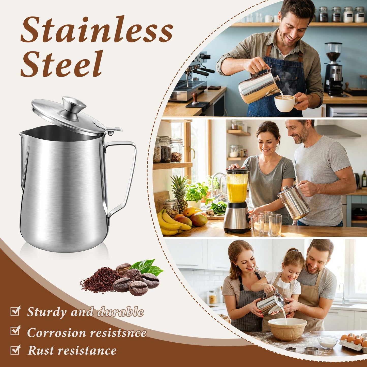Acellegic 2 Pcs 67 oz/ 2 L Stainless Steel Pitcher with Lid Large Capacity Stainless Steel Metal Water Pitcher with Handle Milk Frothing Jug for Coffee Iced/Hot Tea Latte Art Homemade Beverages