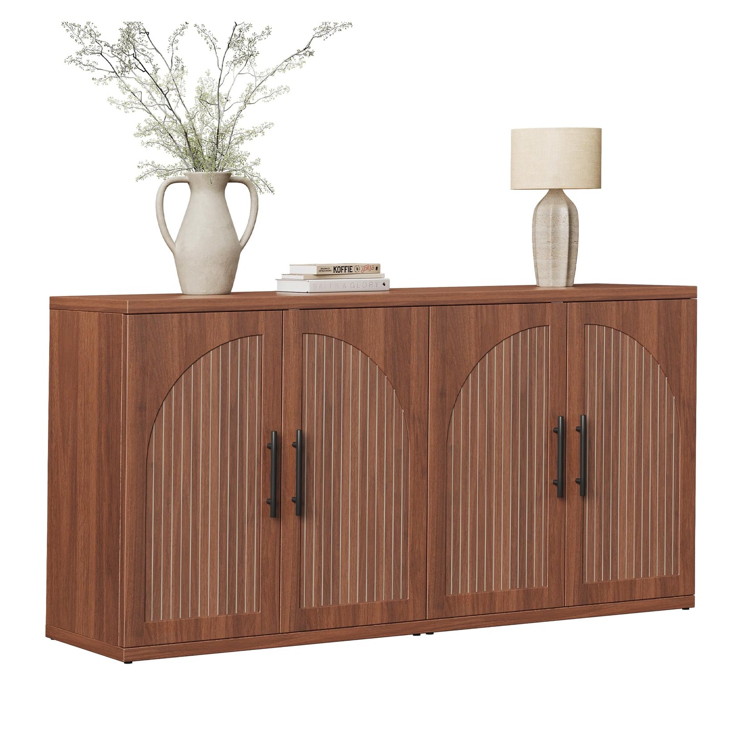 MapleGrace 63" Fluted Buffet Cabinet with Storage, Mid-Century Symmetrical Arched Sideboard Credenza with Adjustable Shelf, Large Wood Console Table for Dining Room, Kitchen, and Living Room (Walnut)