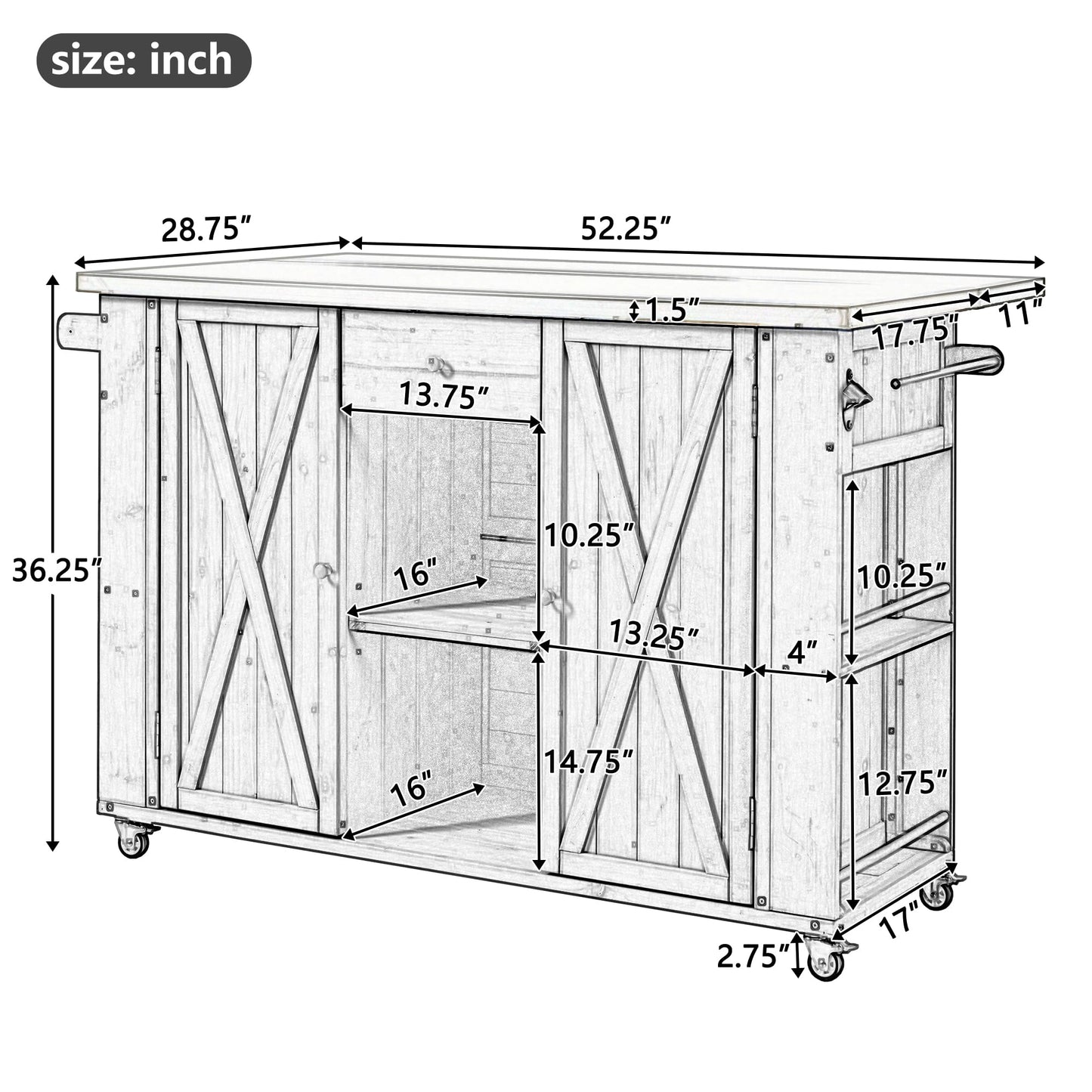 52.25" W Outdoor Grill Cart Table with Stainless Steel Tabletop, Patio Kitchen Island Storage Cabinet for BBQ, Bar