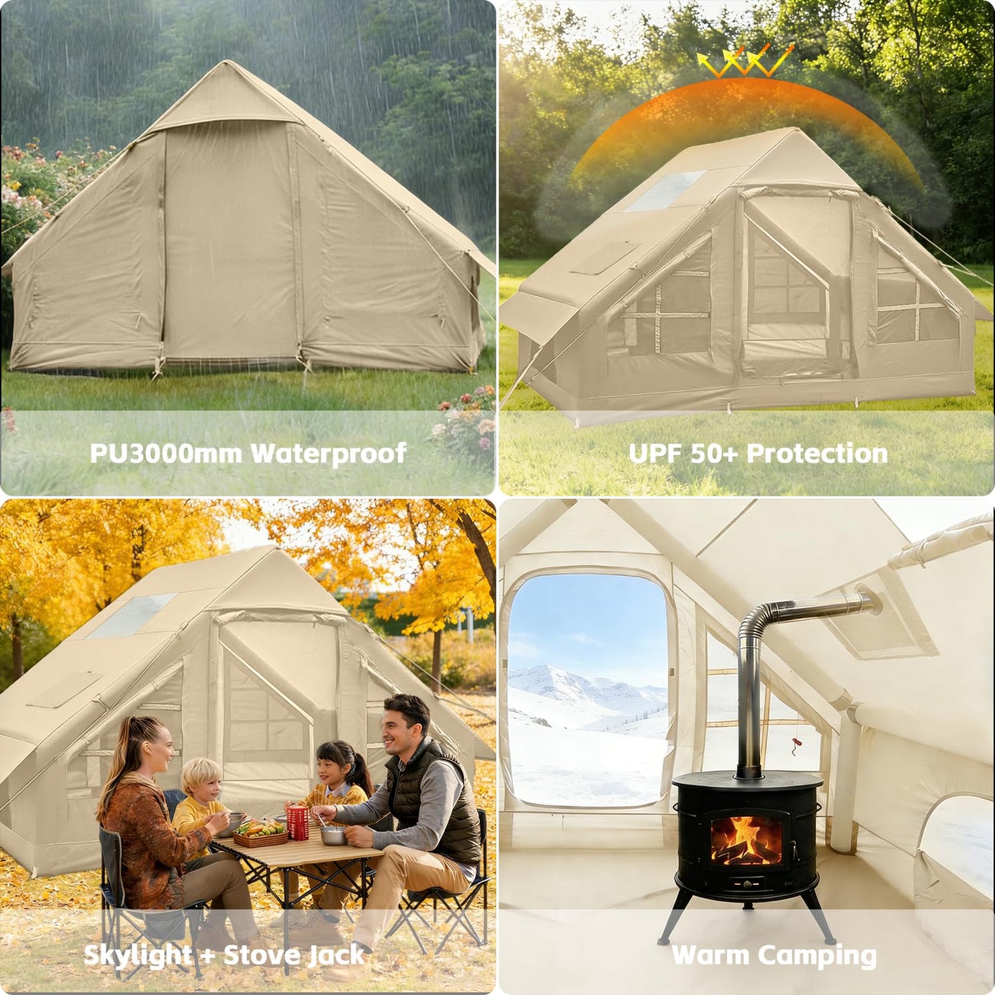 Inflatable Tents for Camping, 4-6 Person Easy Blow Up Tent with Hand Pump,4 Seasons Waterproof Air Inflatable Camping Tent,Hot Tent with Skylight and Stove Jack for Family Camping,Beige