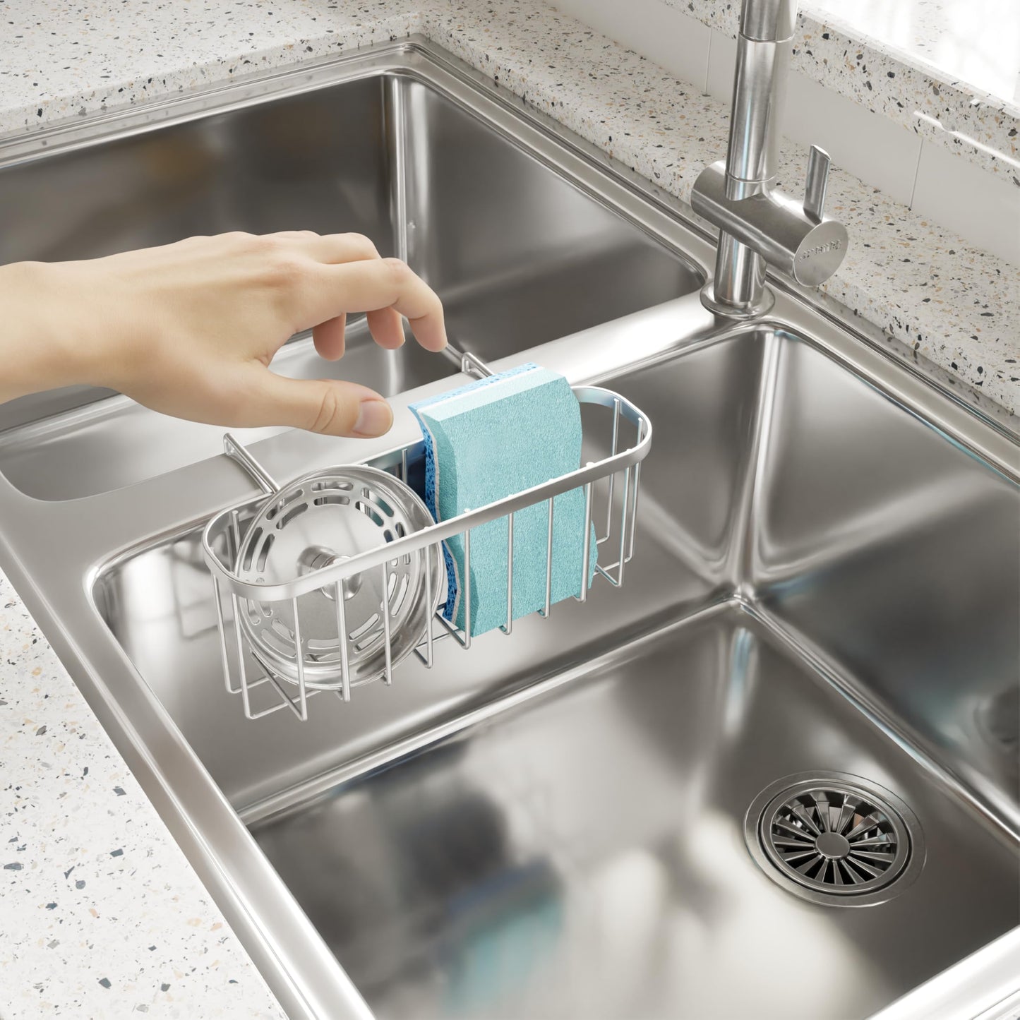 SWTYMIKI Sponge Holder for Kitchen Sink, Movable Kitchen Sink Caddy with Compact Size Rustproof and Waterproof Hanging Sponge Caddy for Double Bowl Sinks, Silver