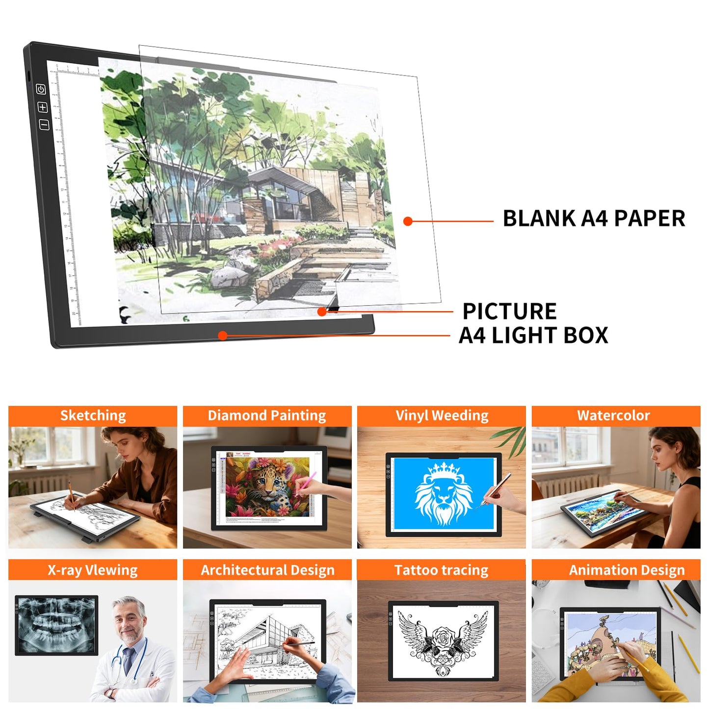 HIUKCOLED Rechargeable A4 Light Pad, Battery Powered Light Board with Top Clip&Stand, Stepless Dimmable&6-Level Brightness Adjustable, Wireless LED Tracing Box for Diamond Painting,Drawing,Sketching