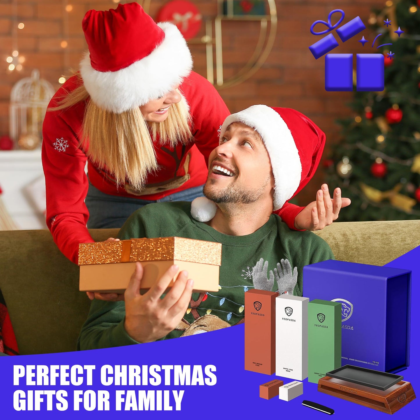 Premium Knife Sharpening Stone Kit - YeopAsda 3 Sides Grit 400/1000/6000 Whetstones - Knife Sharpener Stone with Non-Slip Wood Base, Angle Guide & Cut Resistant Gloves