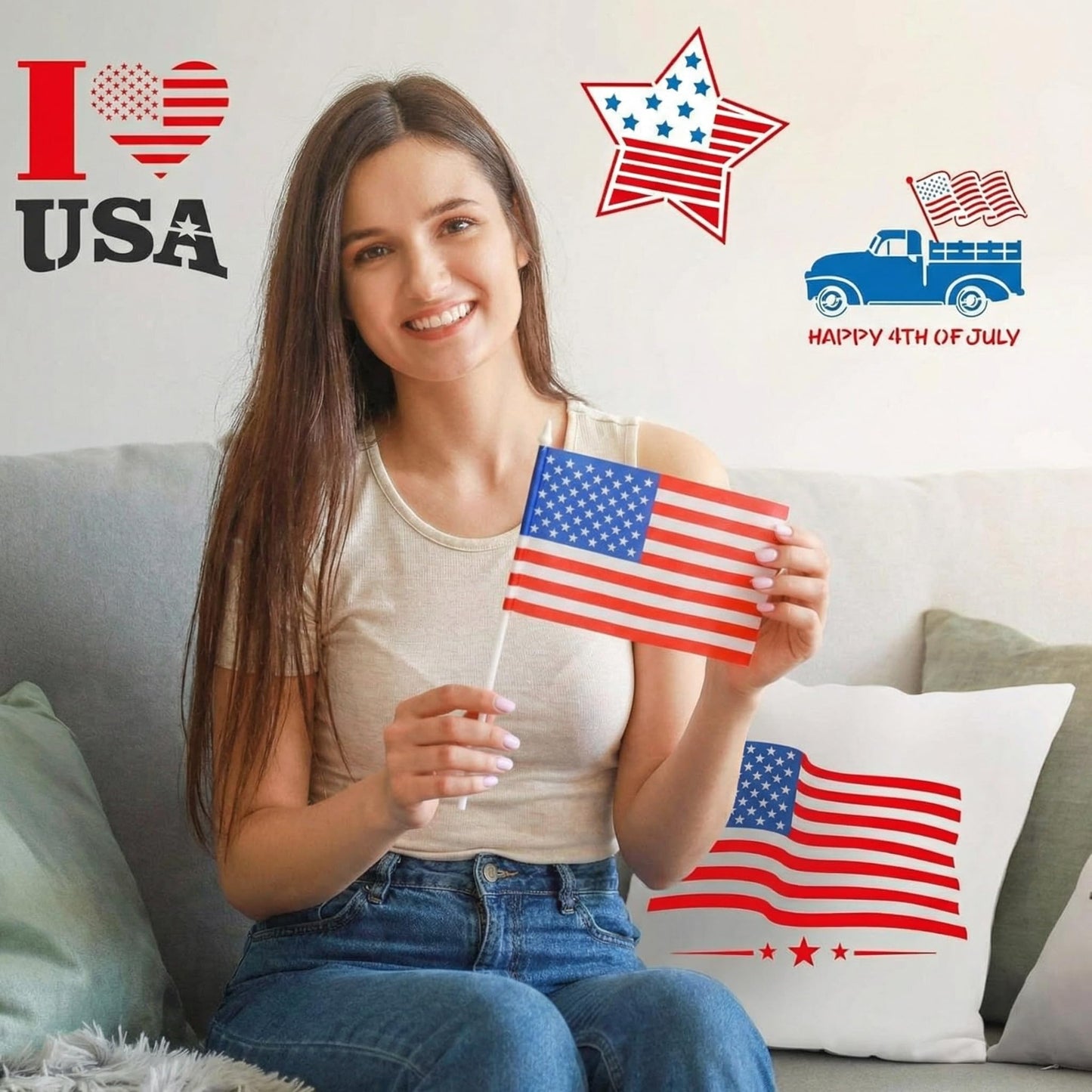 16 Pieces Happy 4th of July Stencil Independence Day Painting Template Reusable Patriotic Drawing Stencils Include American Flag Map Star Patterns Farmhouse Stencil for Painting on Wood Paper Wall