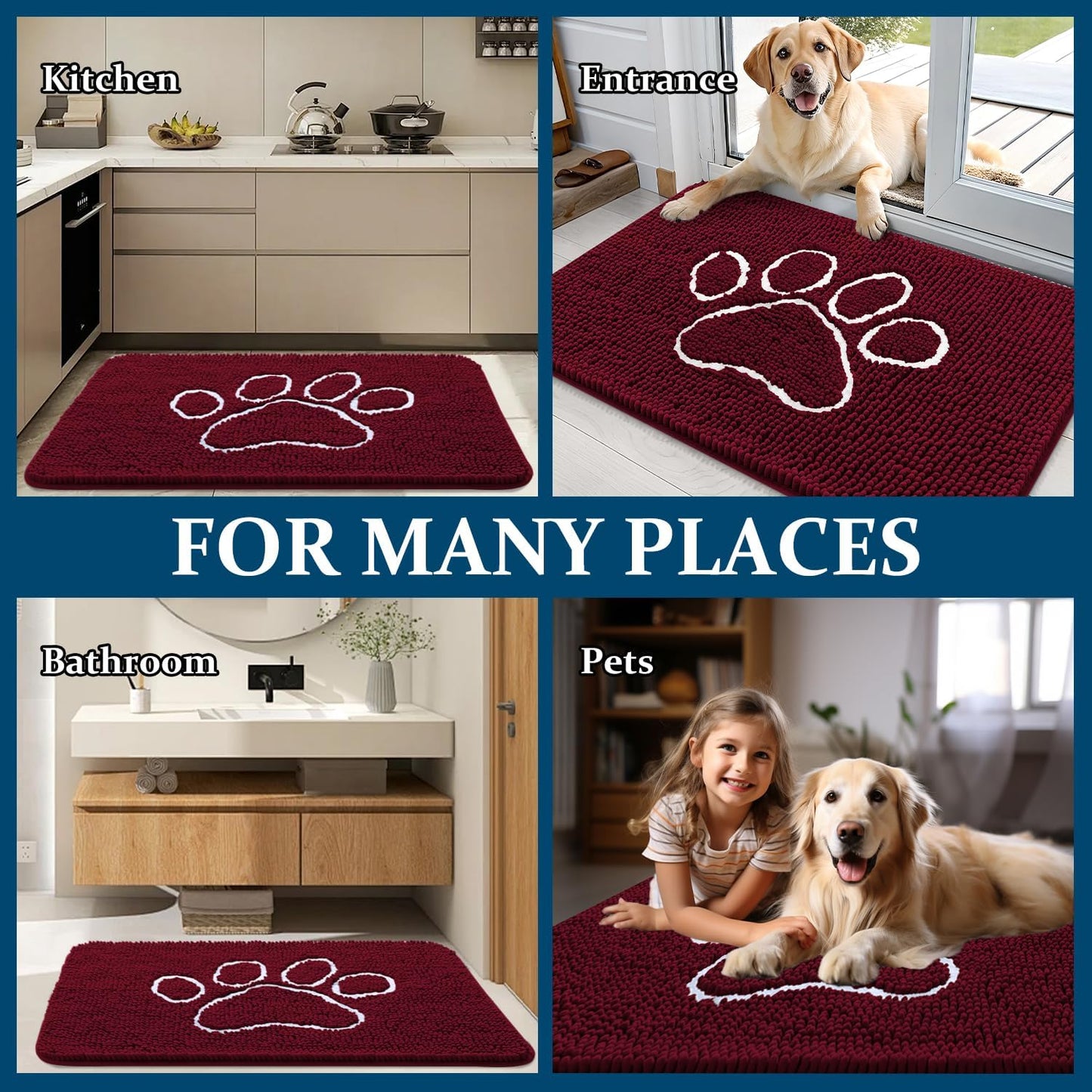 OLANLY Dog Door Mat - Absorbent Non-Slip Mud Mat for Muddy Paws | 40x32 Paw Print Design in Burgundy