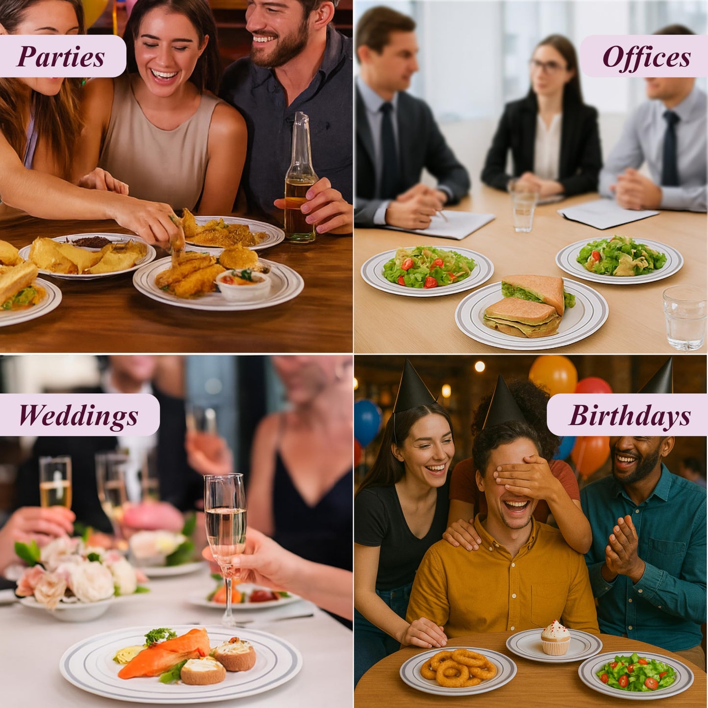 Aya's 60 Silver Rimmed Plastic Plates for Party, Heavy Duty Disposable Plate Set of 30 Dinner and 30 Dessert Plates for Weddings and Special Events, Fancy Disposable Tableware