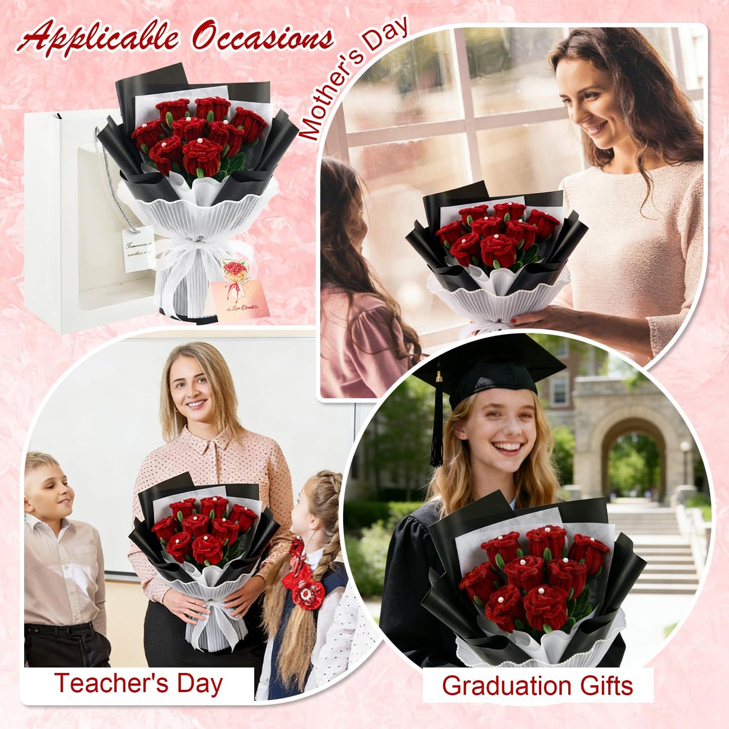 CANEGGG Finished Pipe Cleaner Flower Bouquet, Handmade Knitted 8 Red Rose Bouquet, Gifts for Mom, Birthday Gifts for Women, Forever Rose for Her Grandma Girlfriend on Anniversary Graduation