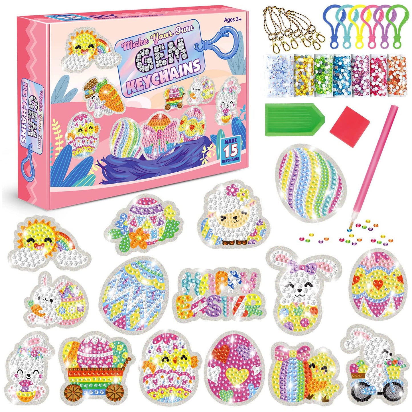 Inbagi 15 Pcs Easter Diamond Painting Keychains 5D Easter Egg Full Drill Making Key Chains Key Ring Diamond Art Keychains Pendant DIY Diamond Decorative Accessories for Easter Holiday(Cute Style)