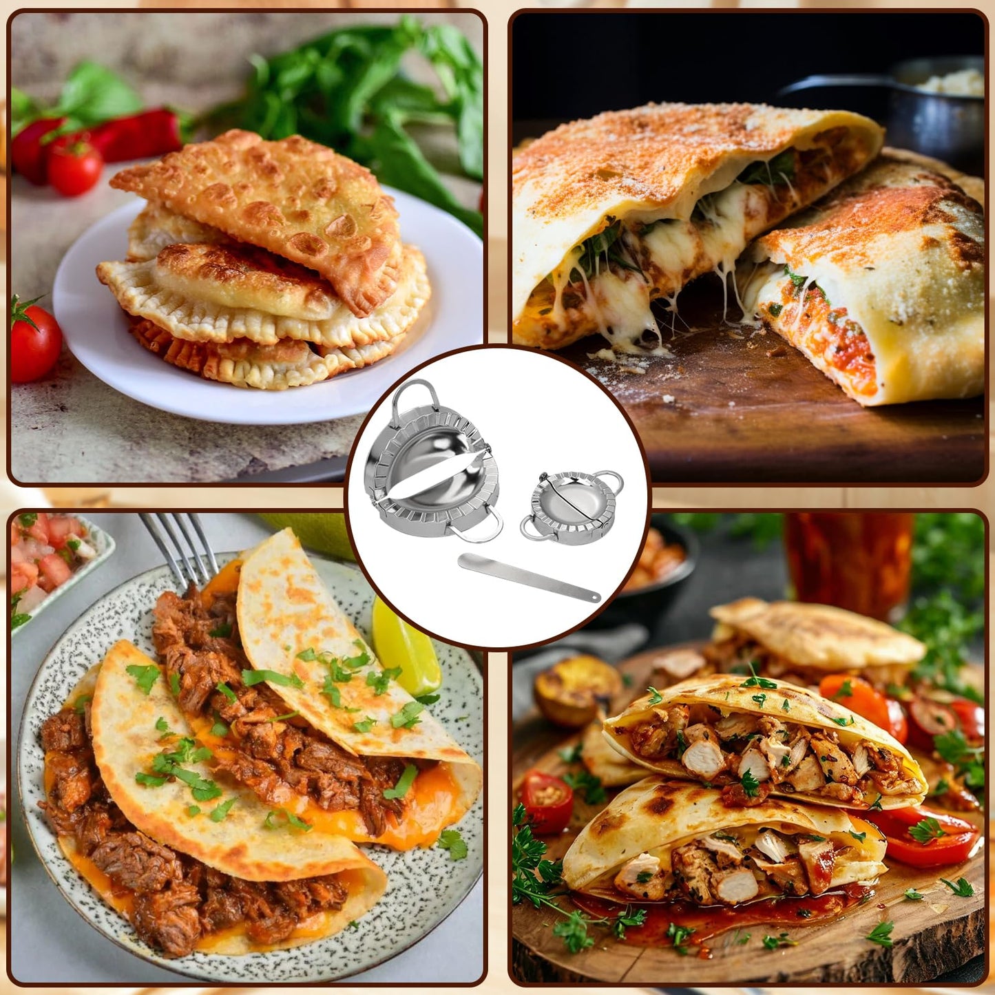 Empanada Maker Press, 6 Inch and 3.7 Inch Stainless Steel Tortilla Crimper Sealer with 1 Wonton Wrappers Tool, 2-in-1 Dough Cutter & Mold for Empanadas, Dumplings, Ravioli, Pierogi, Hand Pies