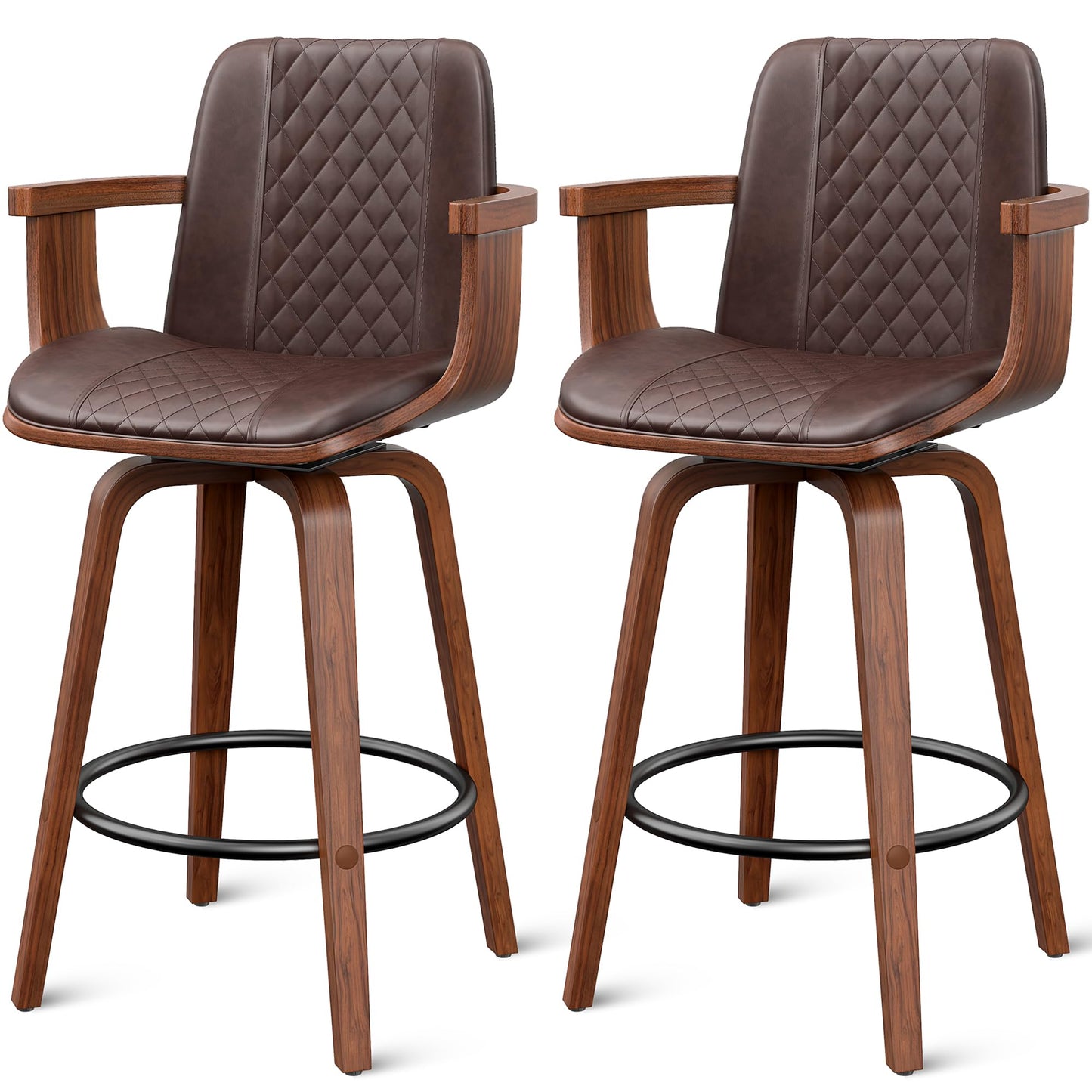 YaFiti Swivel Bar Stools Set of 2, 26" Counter Height Barstools with Wood Legs and Backs, Upholstered PU Leather Bentwood Frame Bar Chairs with Armrest for Kitchen Island, Dining Room, Brown