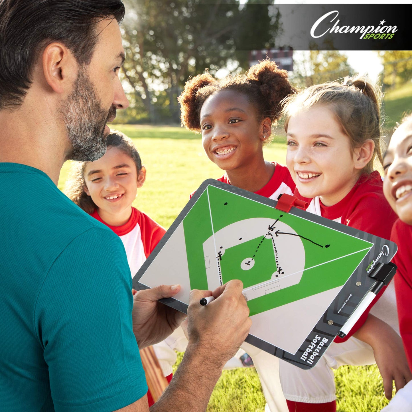 Champion Sports Dry Erase Clipboard for Coaching Baseball - Whiteboards for Strategizing, Techniques, Plays - 2-Sided Clipboards with Clip - Front Side Full Feild - Backside 2-Team Lineup (BSBOARD)