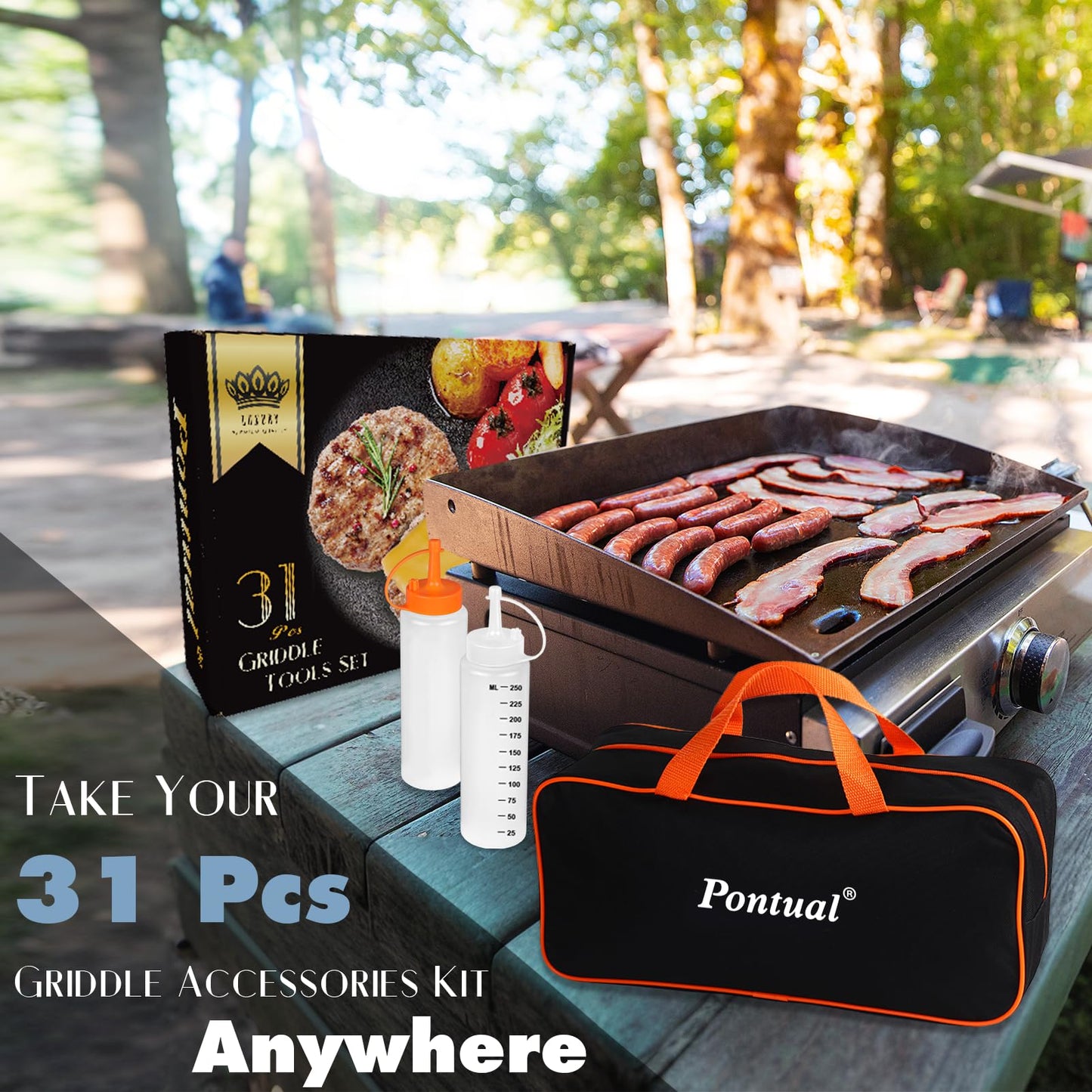 Pontual 31PCS Griddle Accessories Kit for Blackstone, Flat Top Hibachi Grill Spatula Set with 2 Melting Domes, Burger Press, Patty Maker and Apron, Professional Teppanyaki Tools Gifts for Outdoor BBQ
