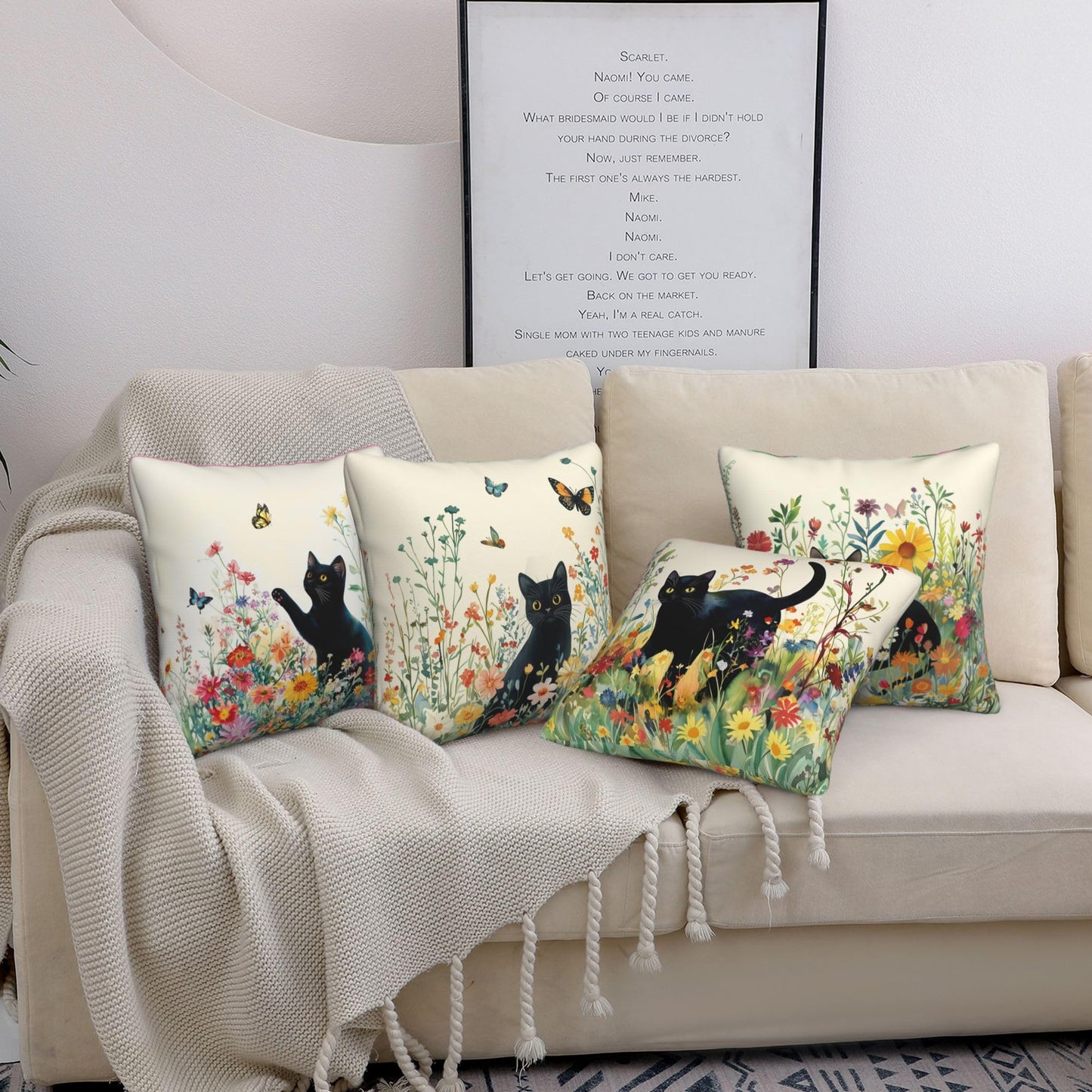bmuvghi Summer Pillow Covers 18x18 Set of 4 Black Cat Throw Pillows Cover Wild Flower Sofa Couch Pillow Cases for Farmhouse Indoor Home Decor Decorations