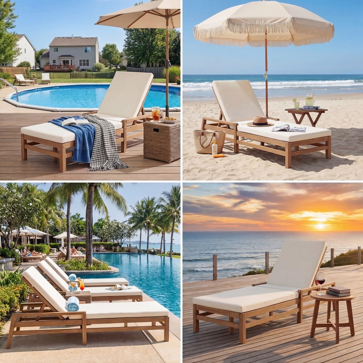 Outdoor Chaise Lounge Chair Set of 2, Patio Chaise Lounge Recliner with Adjustable Backrest, Acacia Wood Poolside Chaise Lounge with Thick All-Weather Cushions for Patio, Deck and Backyard(A)