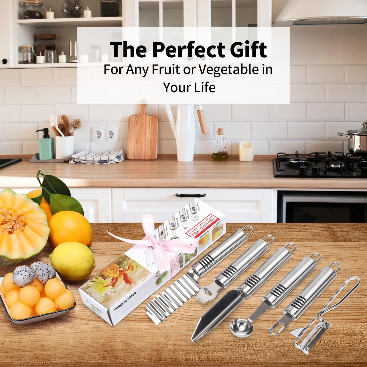 BURLIHOME Stainless Steel Fruit Carving Knife Set, 6 Pack Vegetable Engraving Blades for Kitchen, Melon Baller Scoop,Lemon Zester, Garnish Peeler,Crinkle Knife,V-shape Cutter