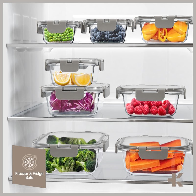 Bakken Borosilicate Glass Food Storage Containers with Lids 24 Pieces, BPA-Free Stackable Lunch & Leftover Containers, Microwave, Freezer & Dishwasher Safe, 100% Airtight Leak-Proof, Gray