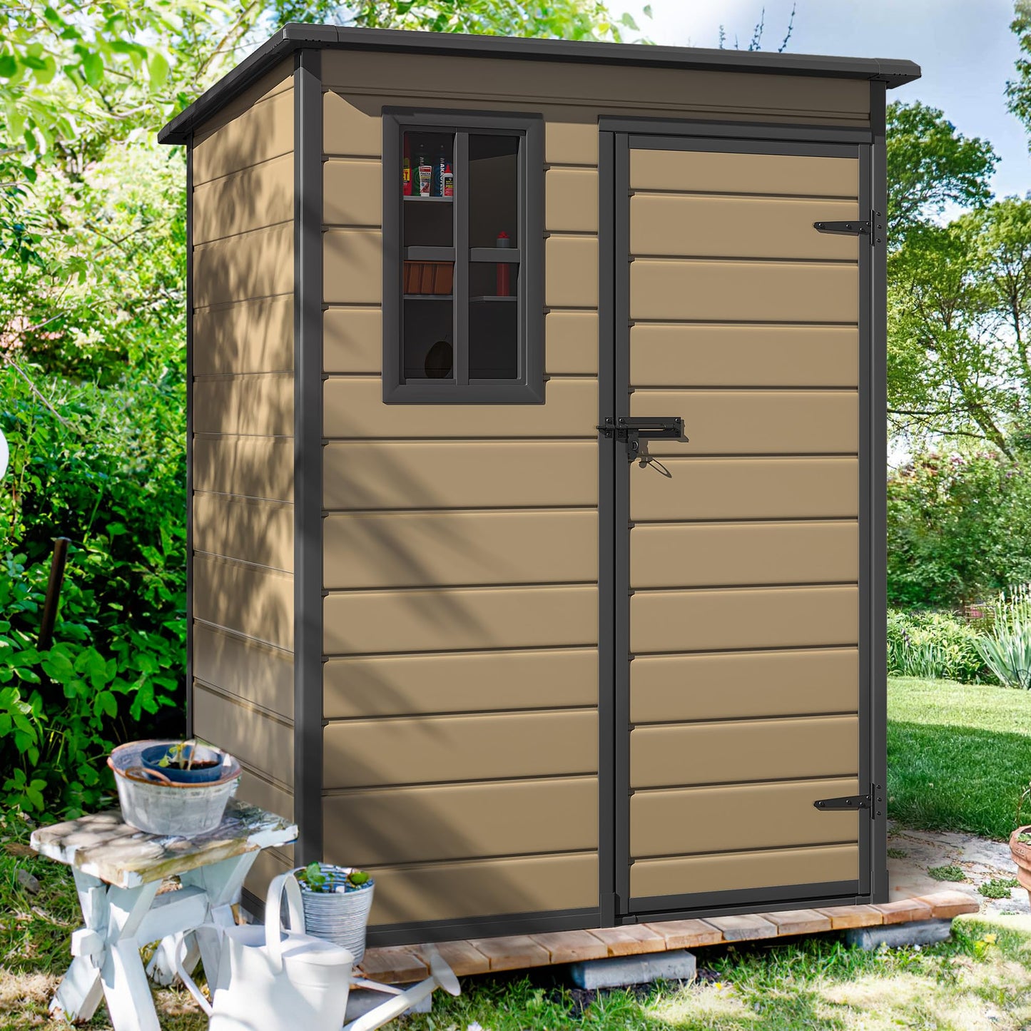 DWVO 5x3ft Resin Outdoor Storage Shed with Floor, Waterproof Lockable Storage Shed with Window, Plastic Outside Tool Storage for Garden Backyard Patio Lawn